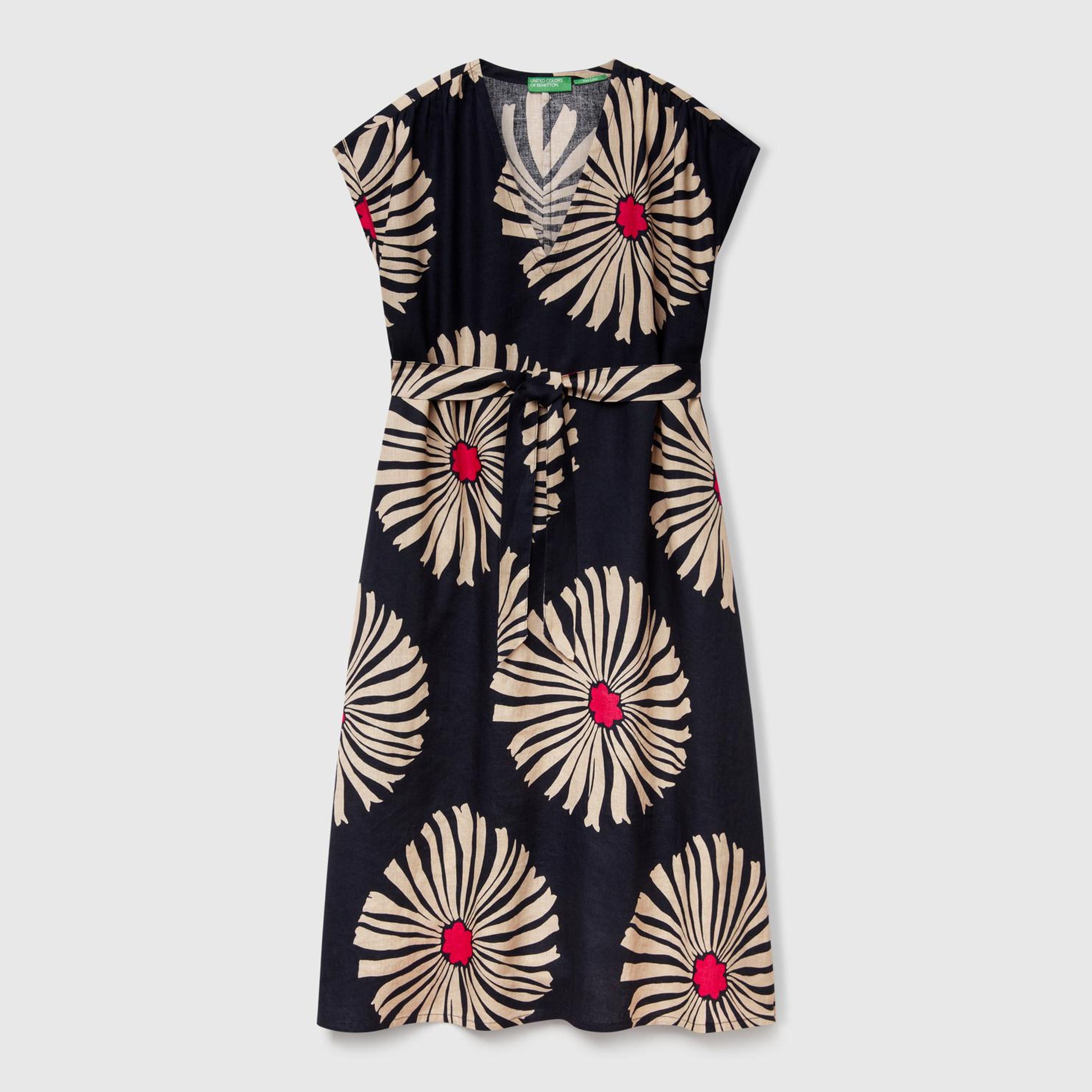 Kadın Lacivert %100 Keten Desenli V Yaka Cepli Uzun Elbise