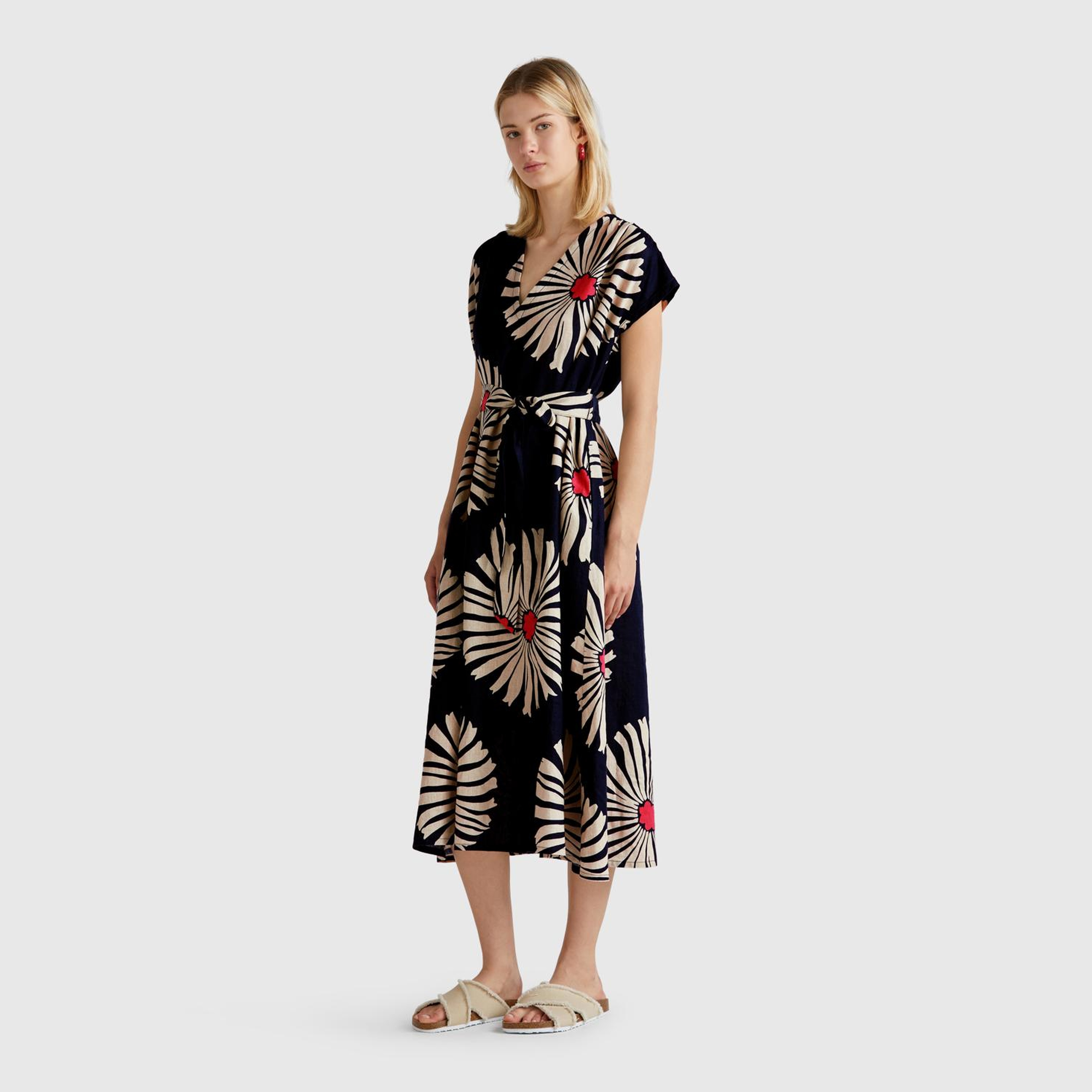 Kadın Lacivert %100 Keten Desenli V Yaka Cepli Uzun Elbise