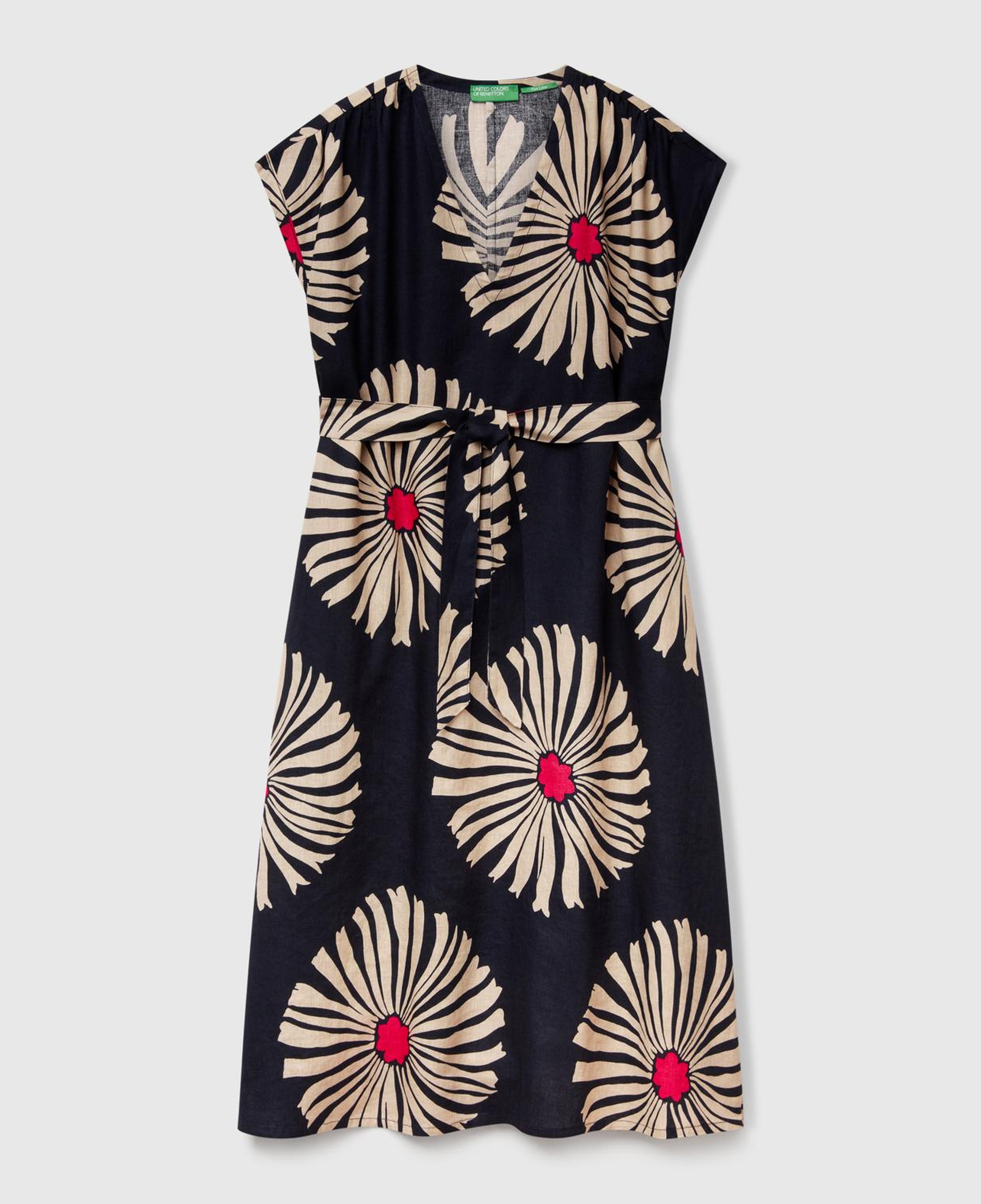 Kadın Lacivert %100 Keten Desenli V Yaka Cepli Uzun Elbise