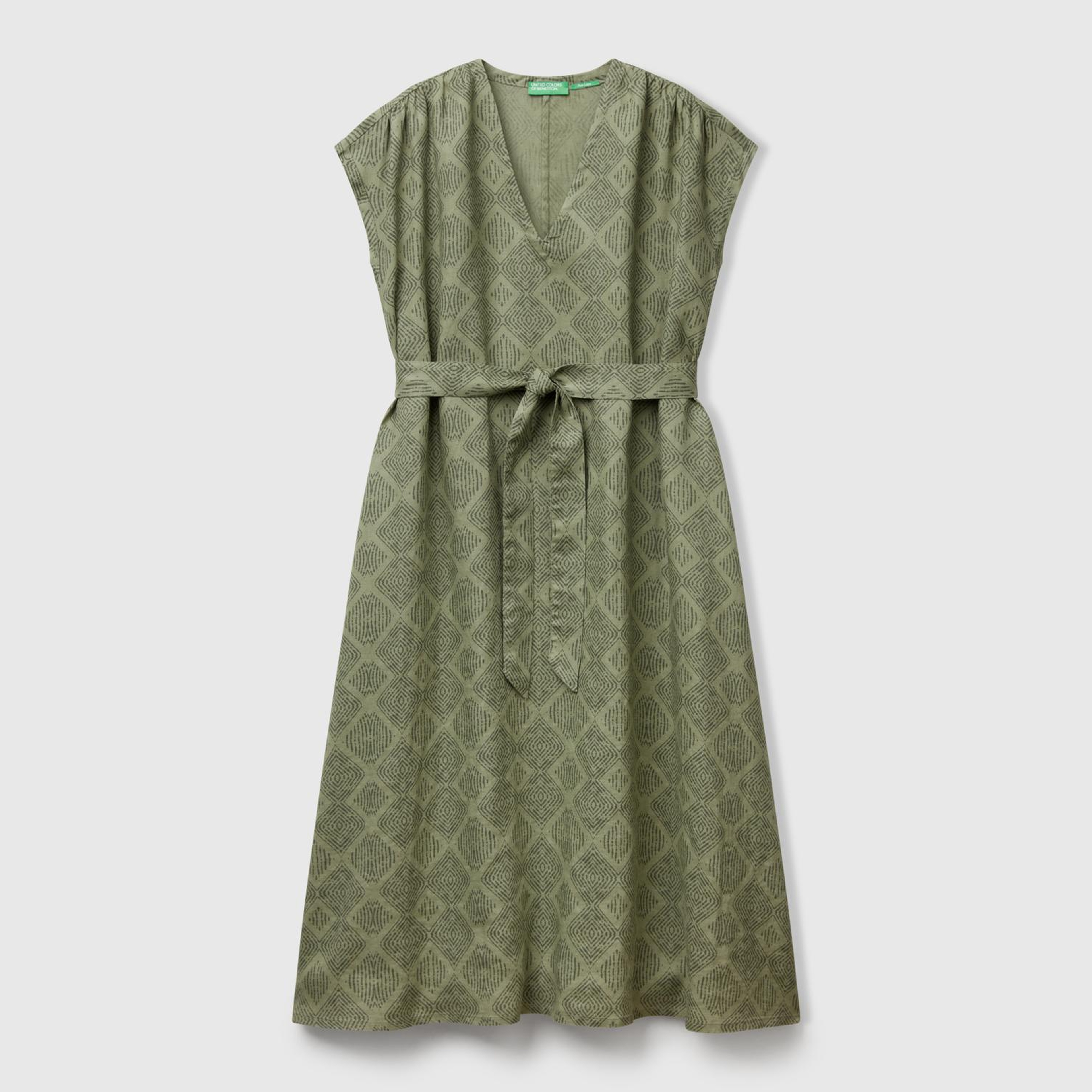 Kadın Haki %100 Keten Desenli V Yaka Cepli Uzun Elbise