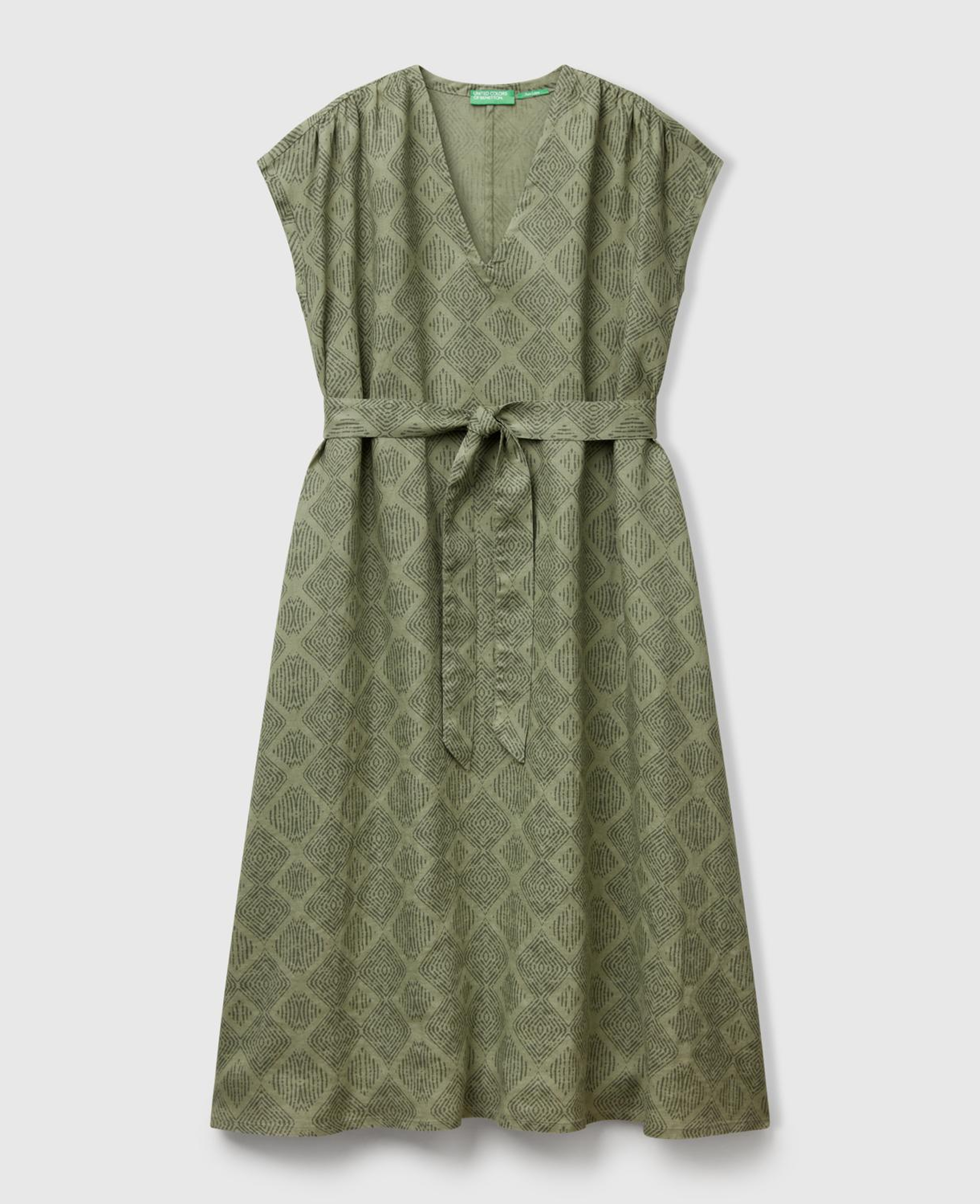 Kadın Haki %100 Keten Desenli V Yaka Cepli Uzun Elbise