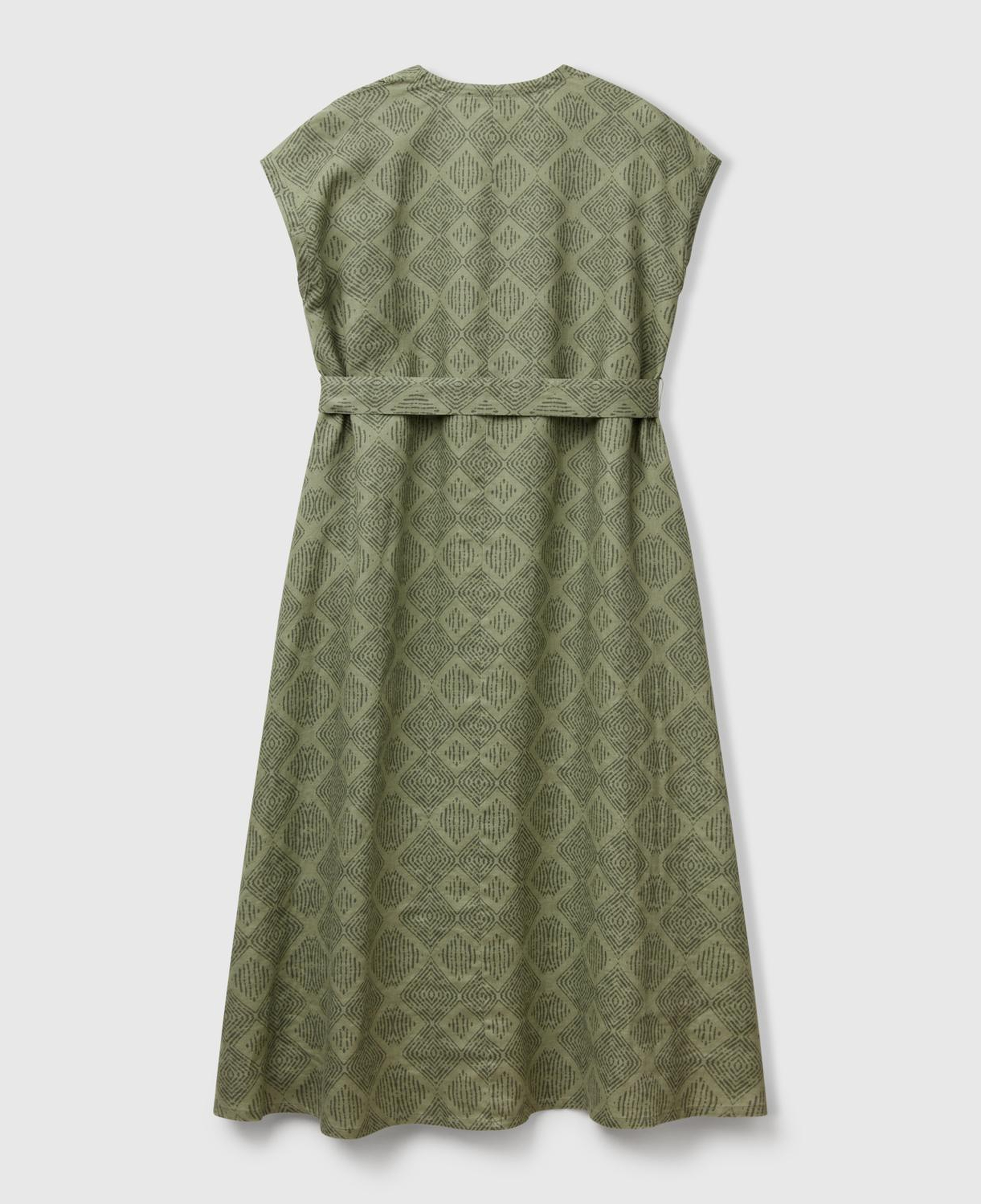 Kadın Haki %100 Keten Desenli V Yaka Cepli Uzun Elbise