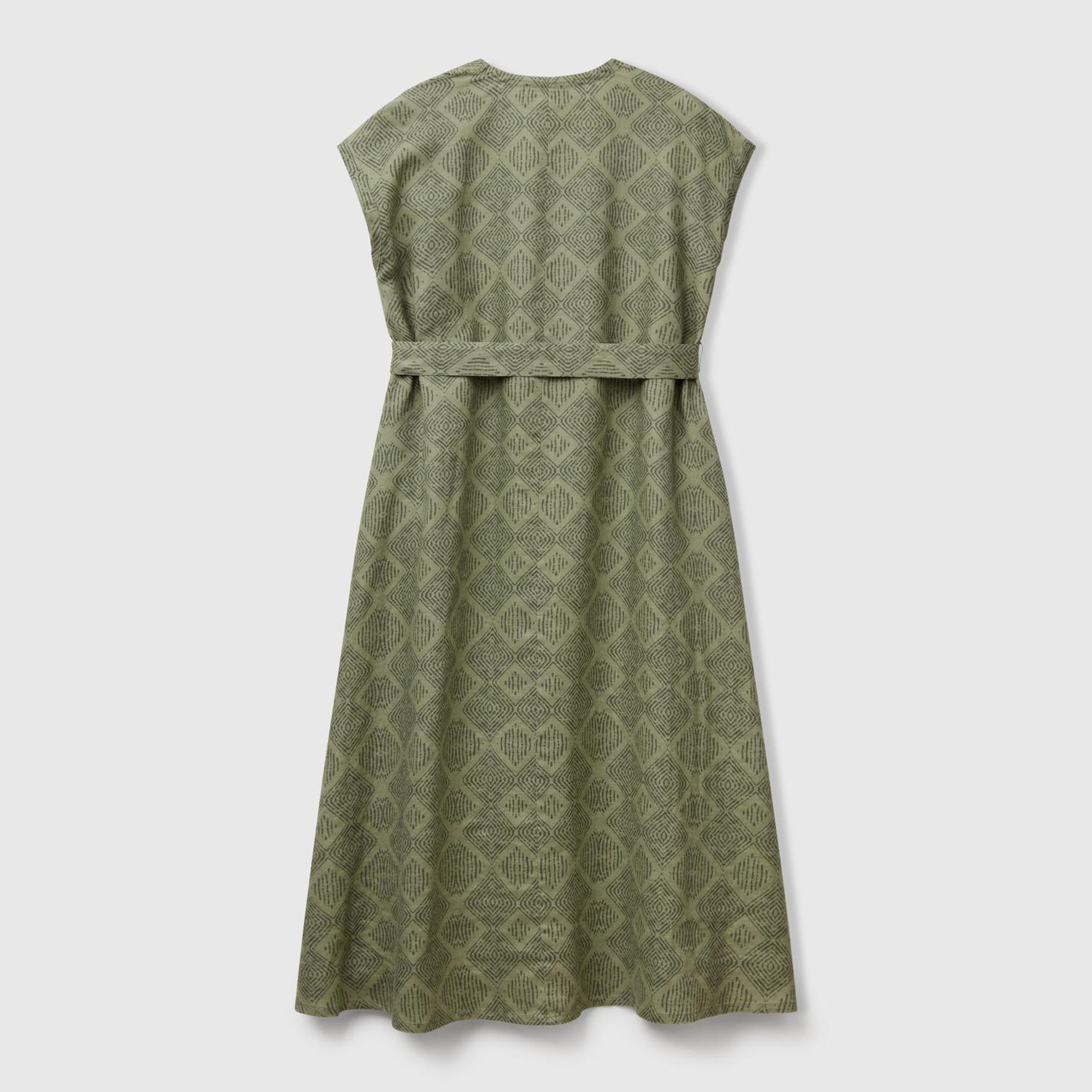 Kadın Haki %100 Keten Desenli V Yaka Cepli Uzun Elbise