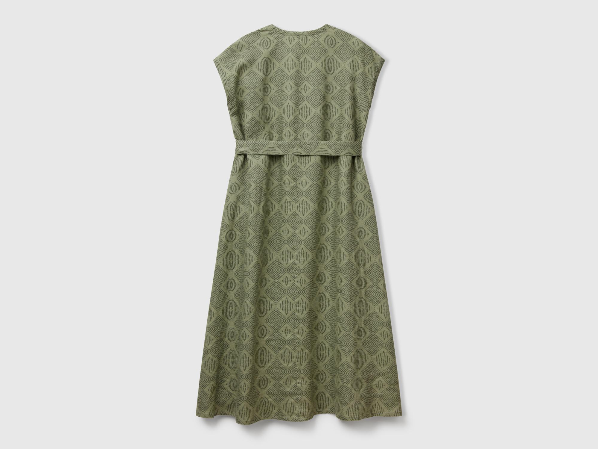 Kadın Haki %100 Keten Desenli V Yaka Cepli Uzun Elbise