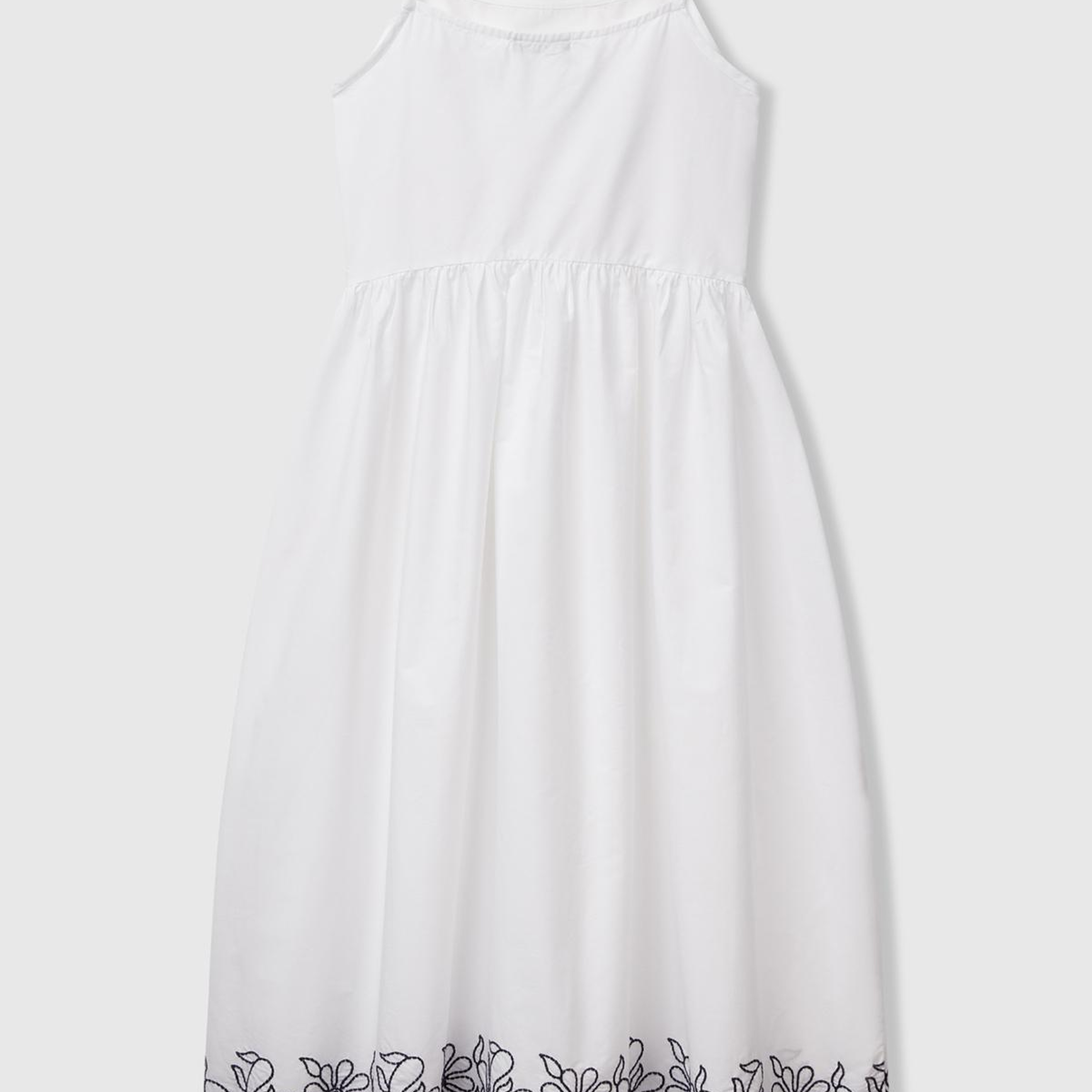 Kadın Beyaz %100 Koton Askılı Etek Ucu İşlemeli Midi Boy Elbise