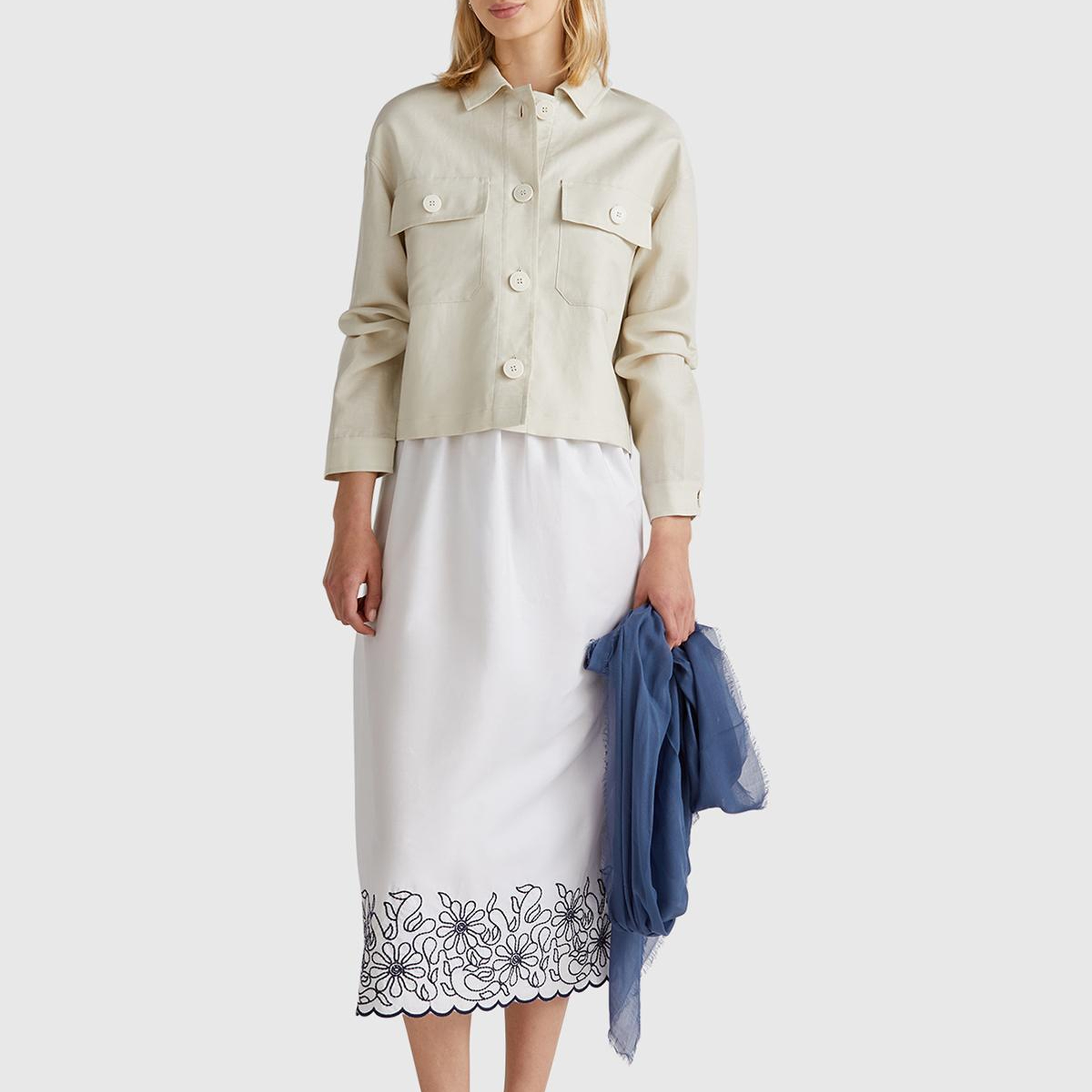 Kadın Beyaz %100 Koton Askılı Etek Ucu İşlemeli Midi Boy Elbise