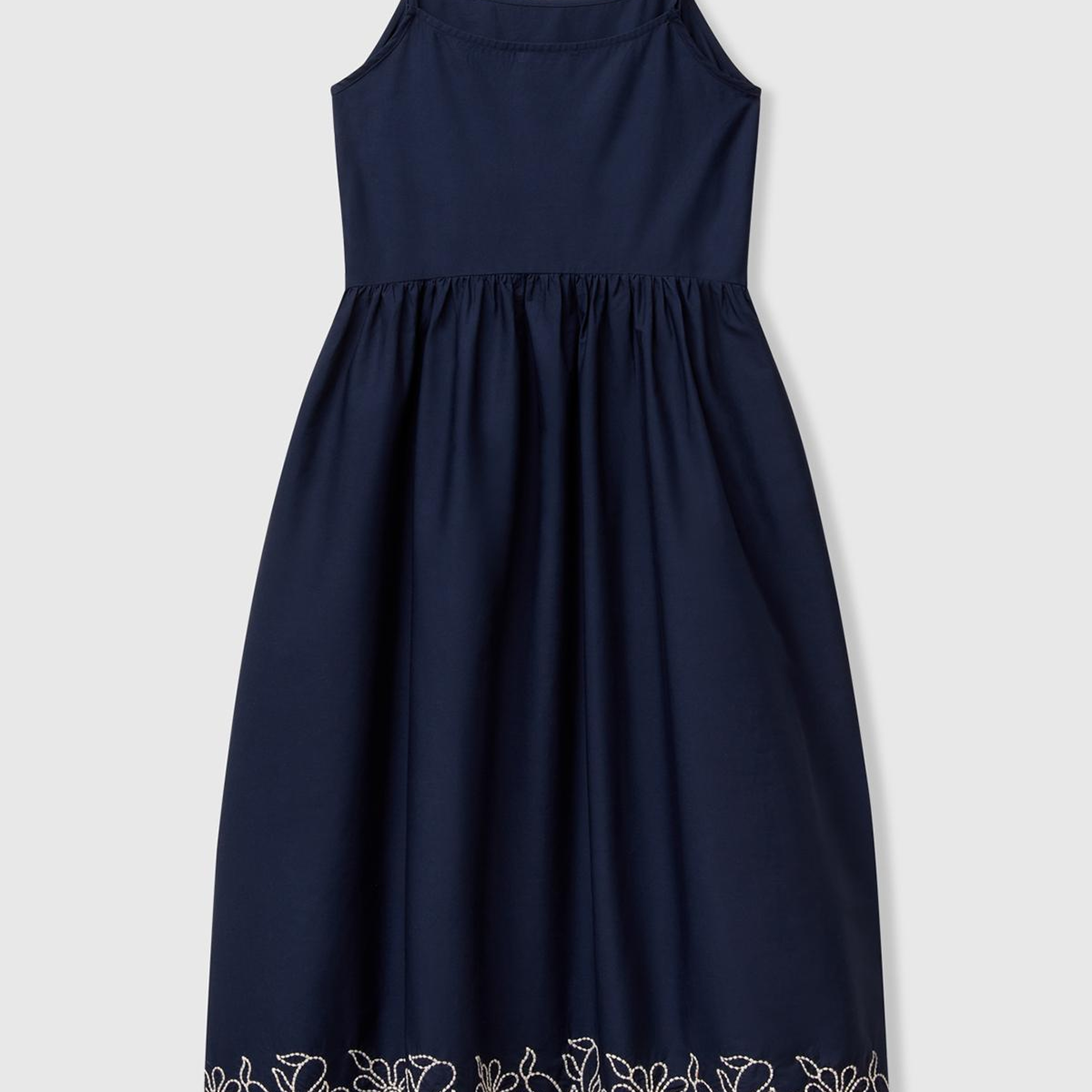 Kadın Lacivert %100 Koton Askılı Etek Ucu İşlemeli Midi Boy Elbise