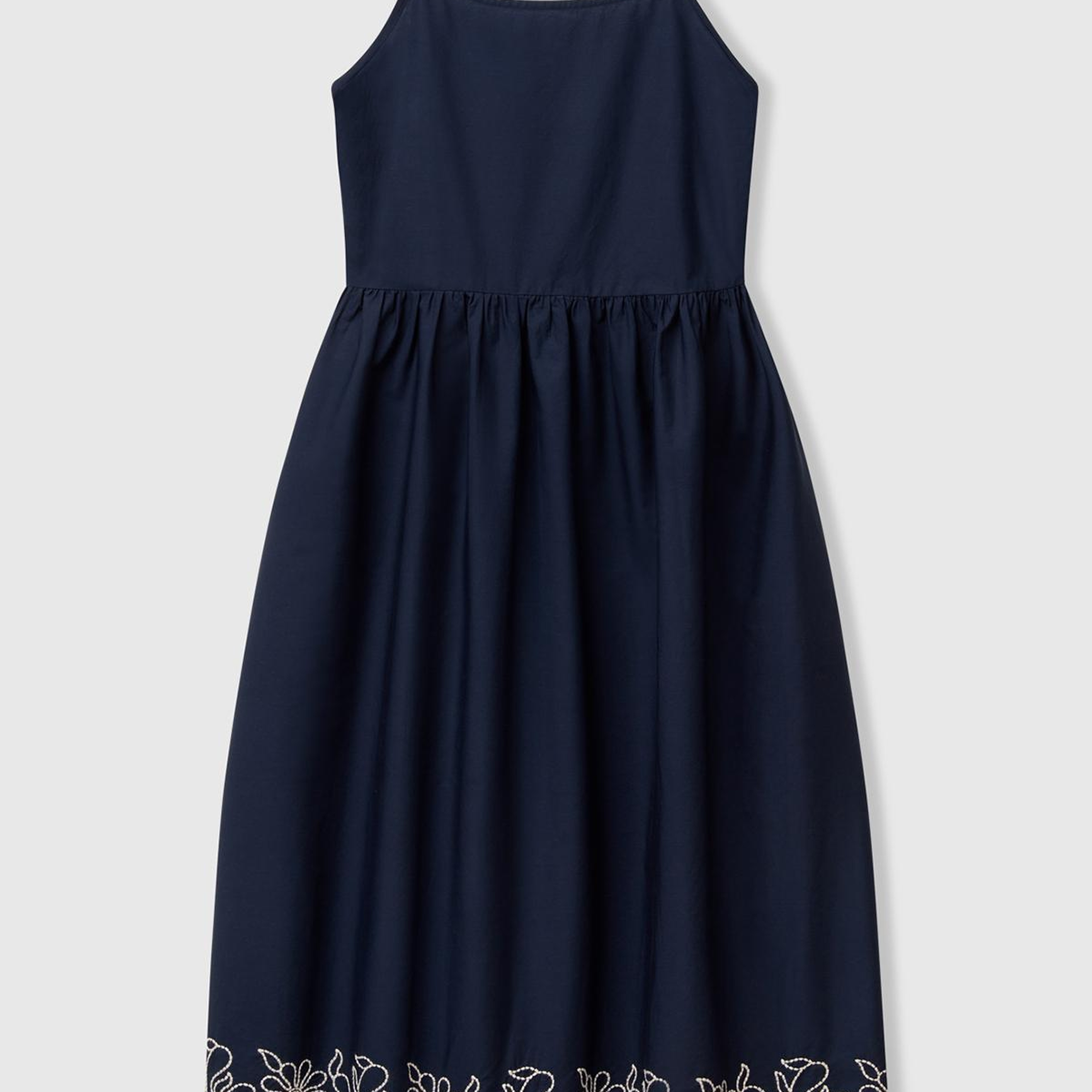 Kadın Lacivert %100 Koton Askılı Etek Ucu İşlemeli Midi Boy Elbise