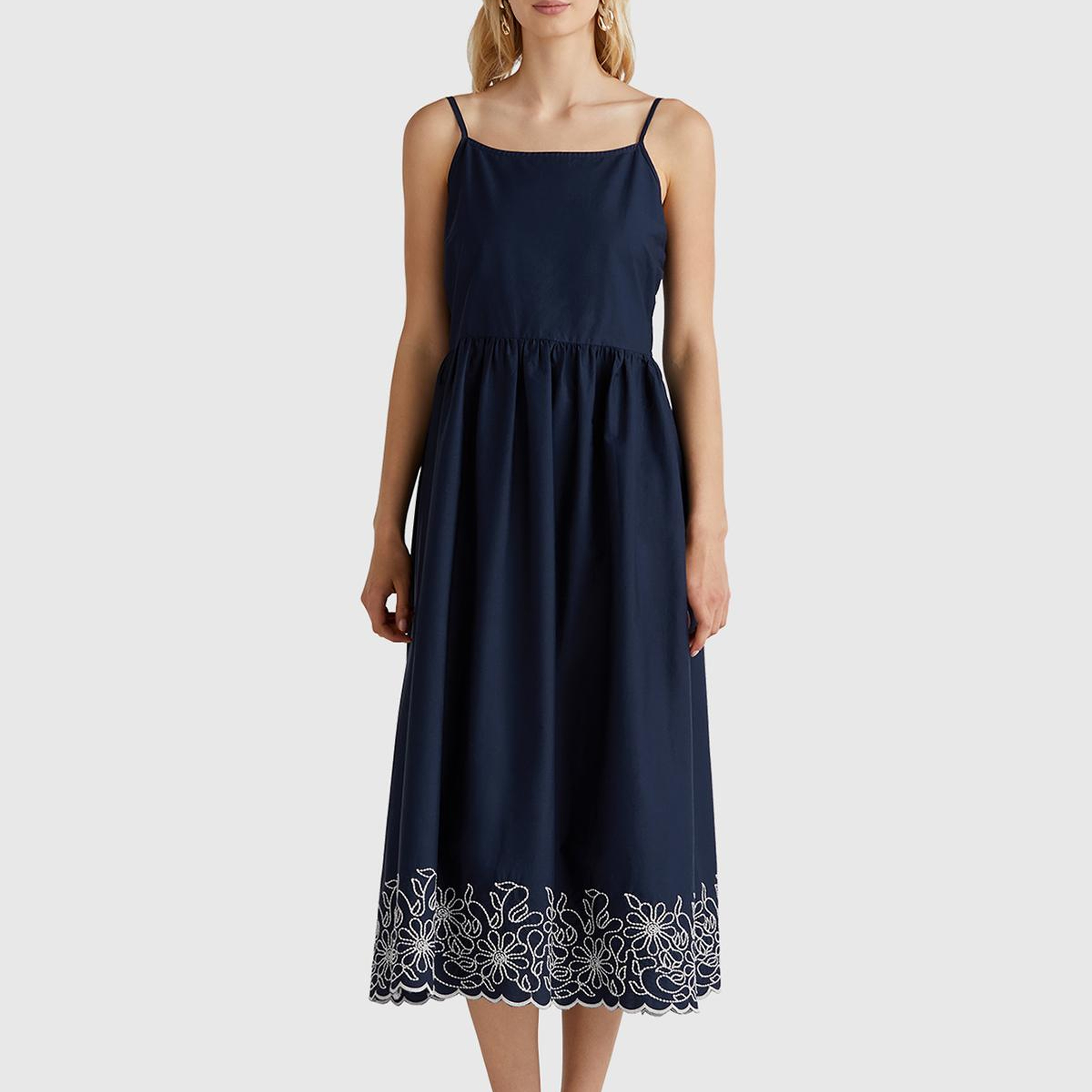 Kadın Lacivert %100 Koton Askılı Etek Ucu İşlemeli Midi Boy Elbise