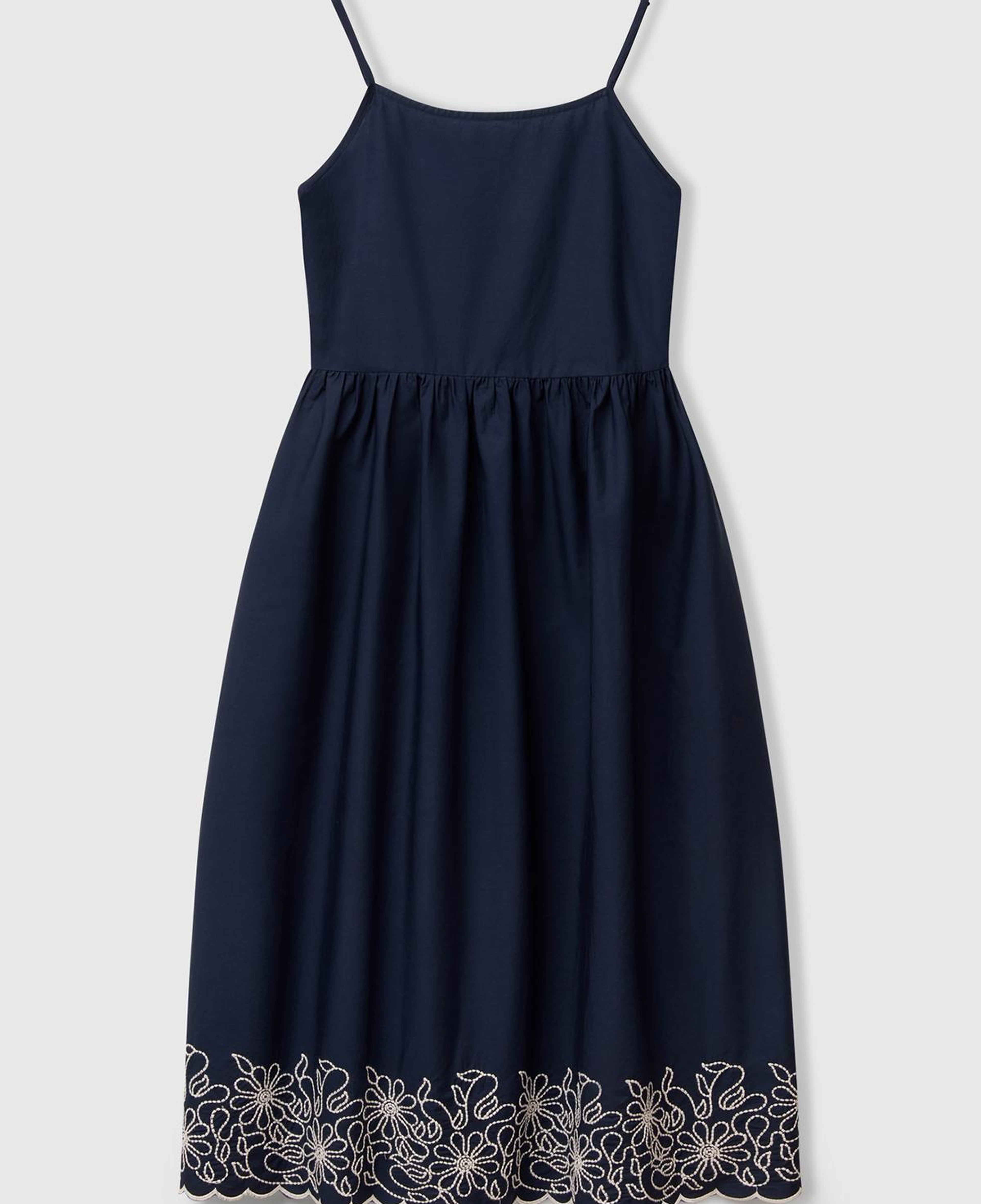 Kadın Lacivert %100 Koton Askılı Etek Ucu İşlemeli Midi Boy Elbise