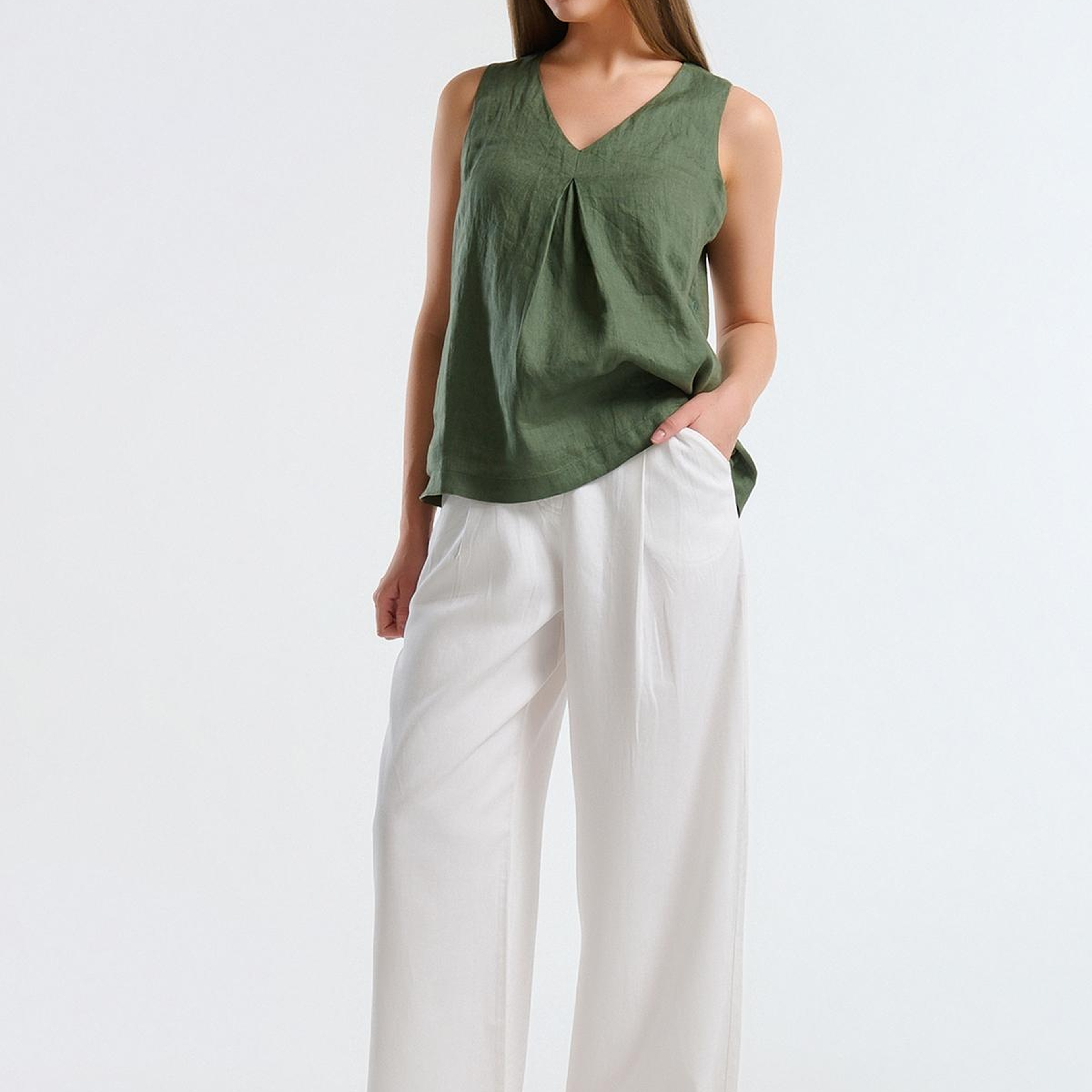 Kadın Beyaz Liyosel Karışımlı Beli Lastikli Geniş Paça Pantolon