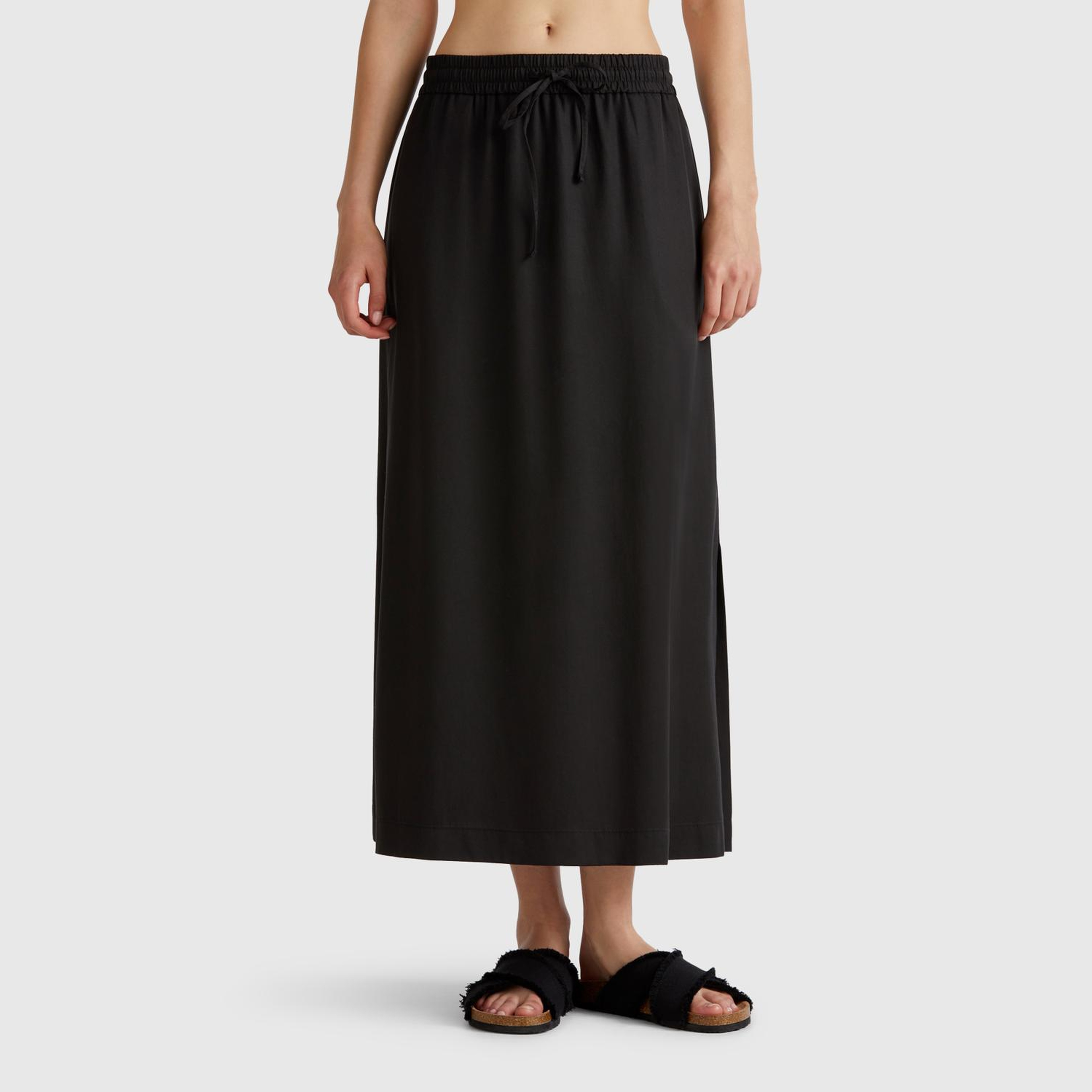 Kadın Siyah %100 Liyosel Beli Lastikli Cepli Uzun Etek