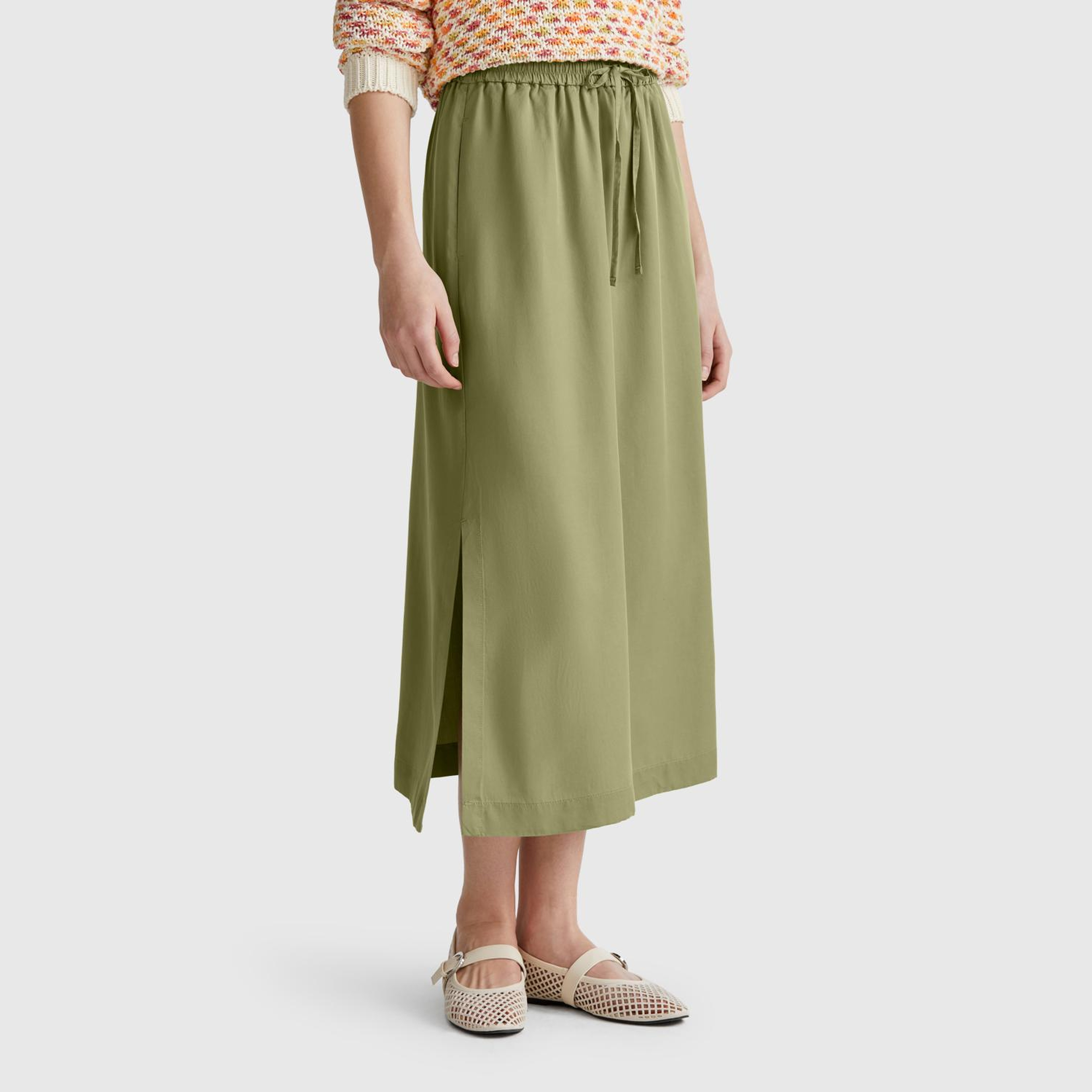 Kadın Adaçayı yeşili %100 Liyosel Beli Lastikli Cepli Uzun Etek