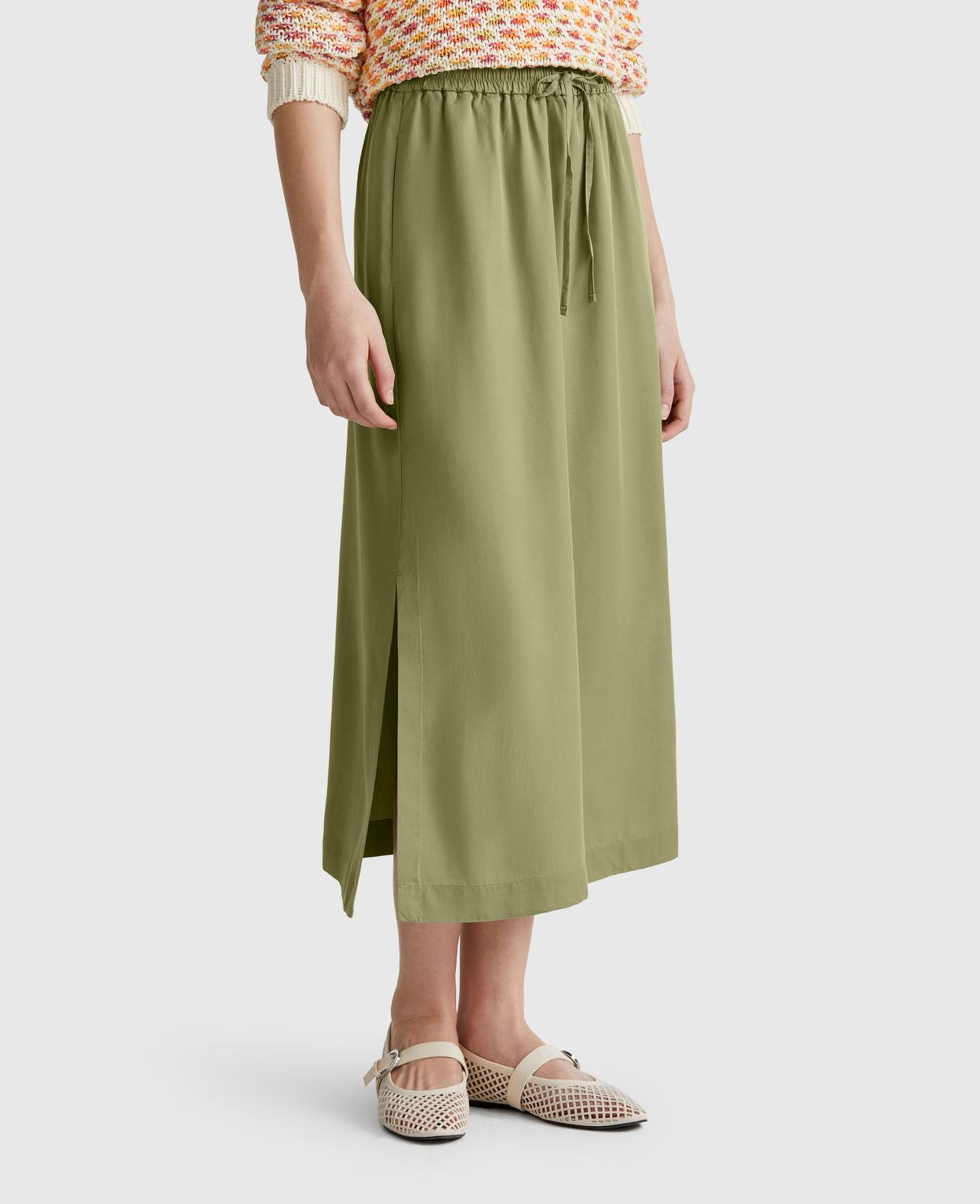 Kadın Adaçayı yeşili %100 Liyosel Beli Lastikli Cepli Uzun Etek