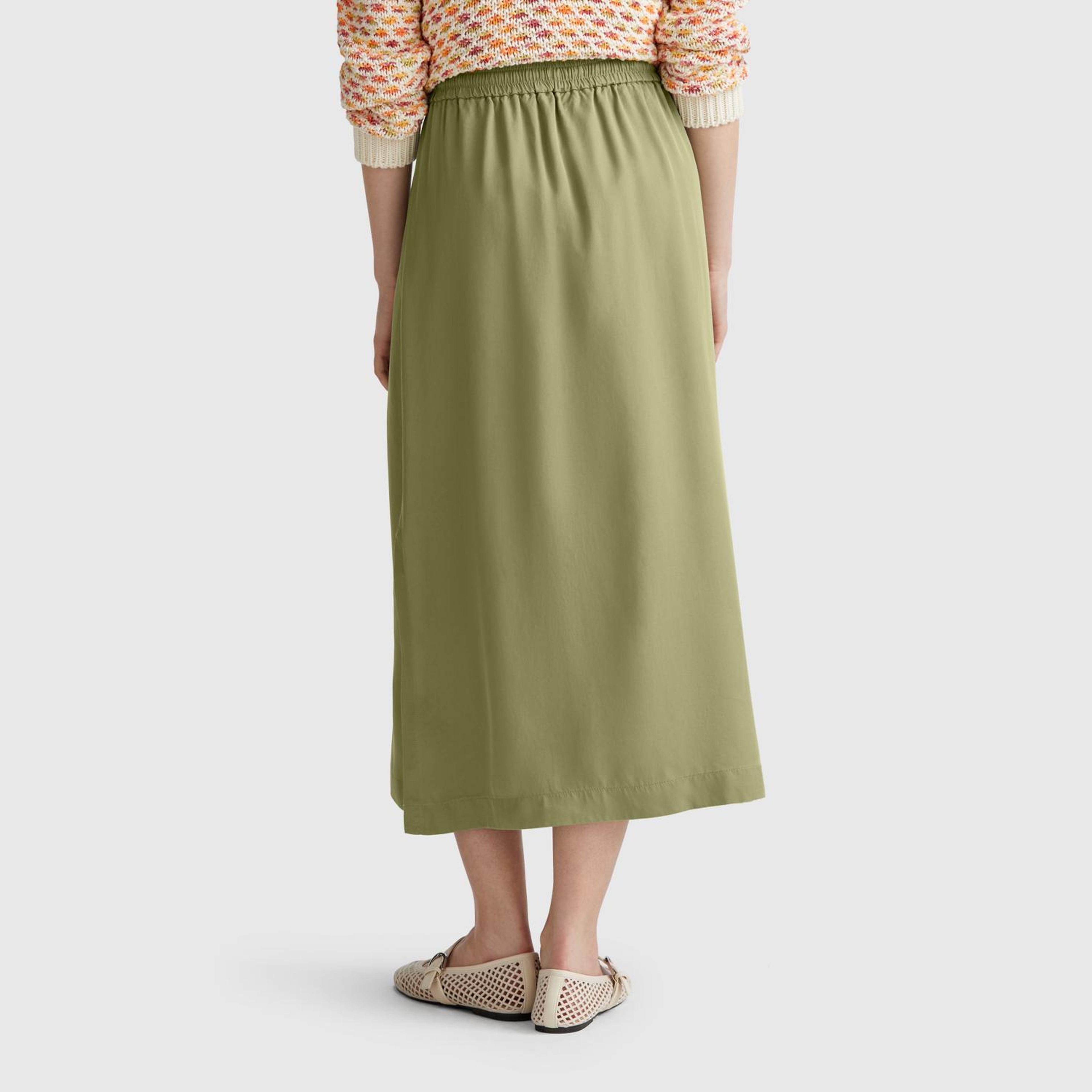 Kadın Adaçayı yeşili %100 Liyosel Beli Lastikli Cepli Uzun Etek