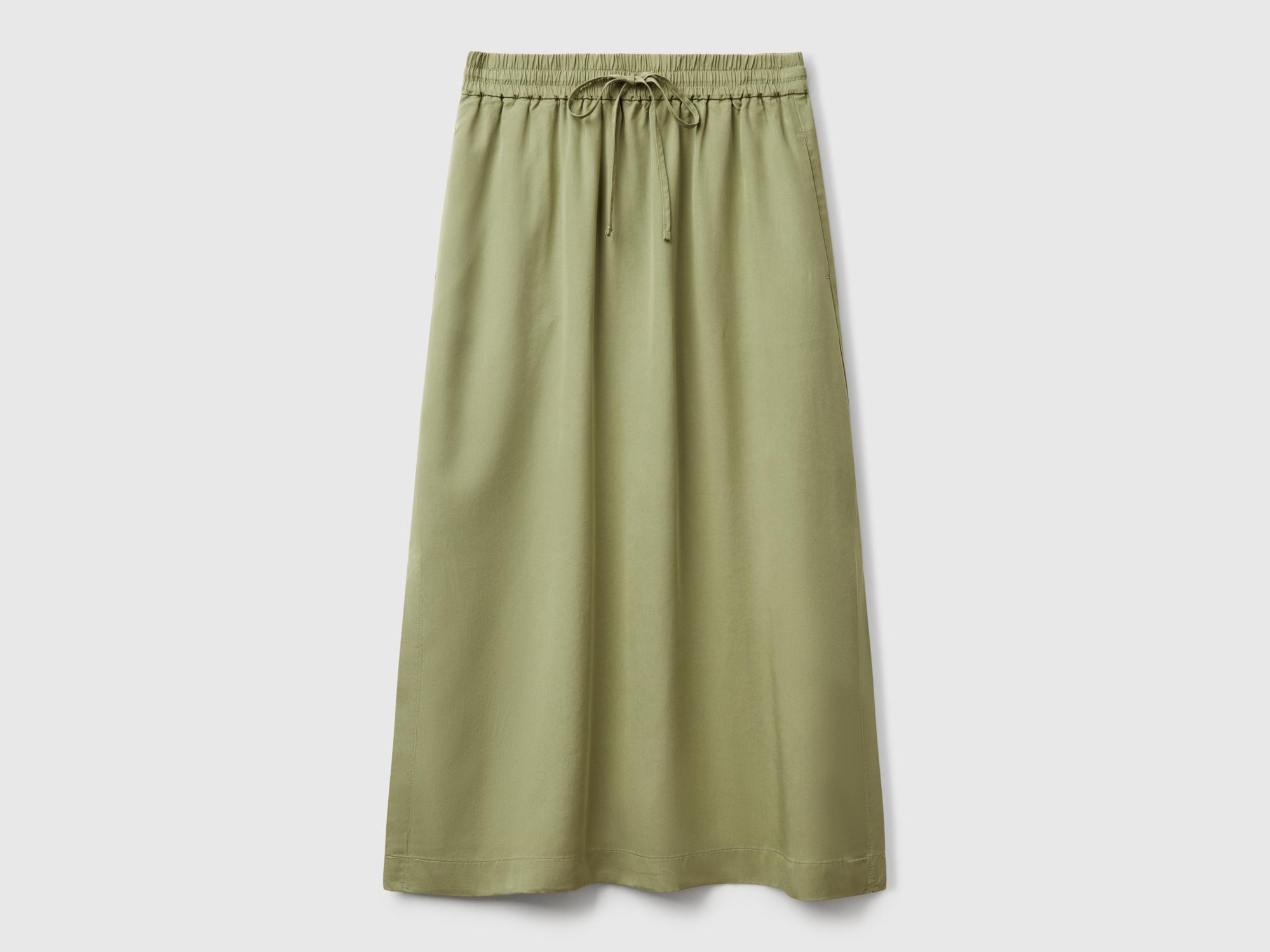 Kadın Adaçayı yeşili %100 Liyosel Beli Lastikli Cepli Uzun Etek