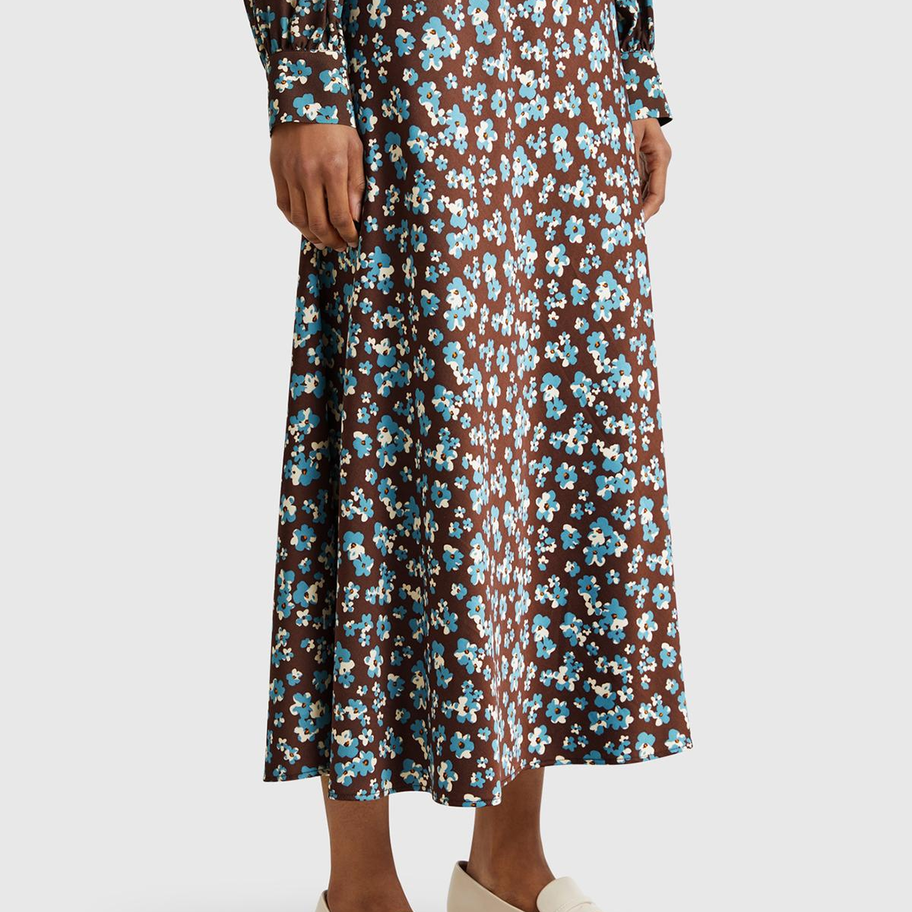 Kadın Kahverengi Viskoz Karışımlı Desenli Uzun Etek