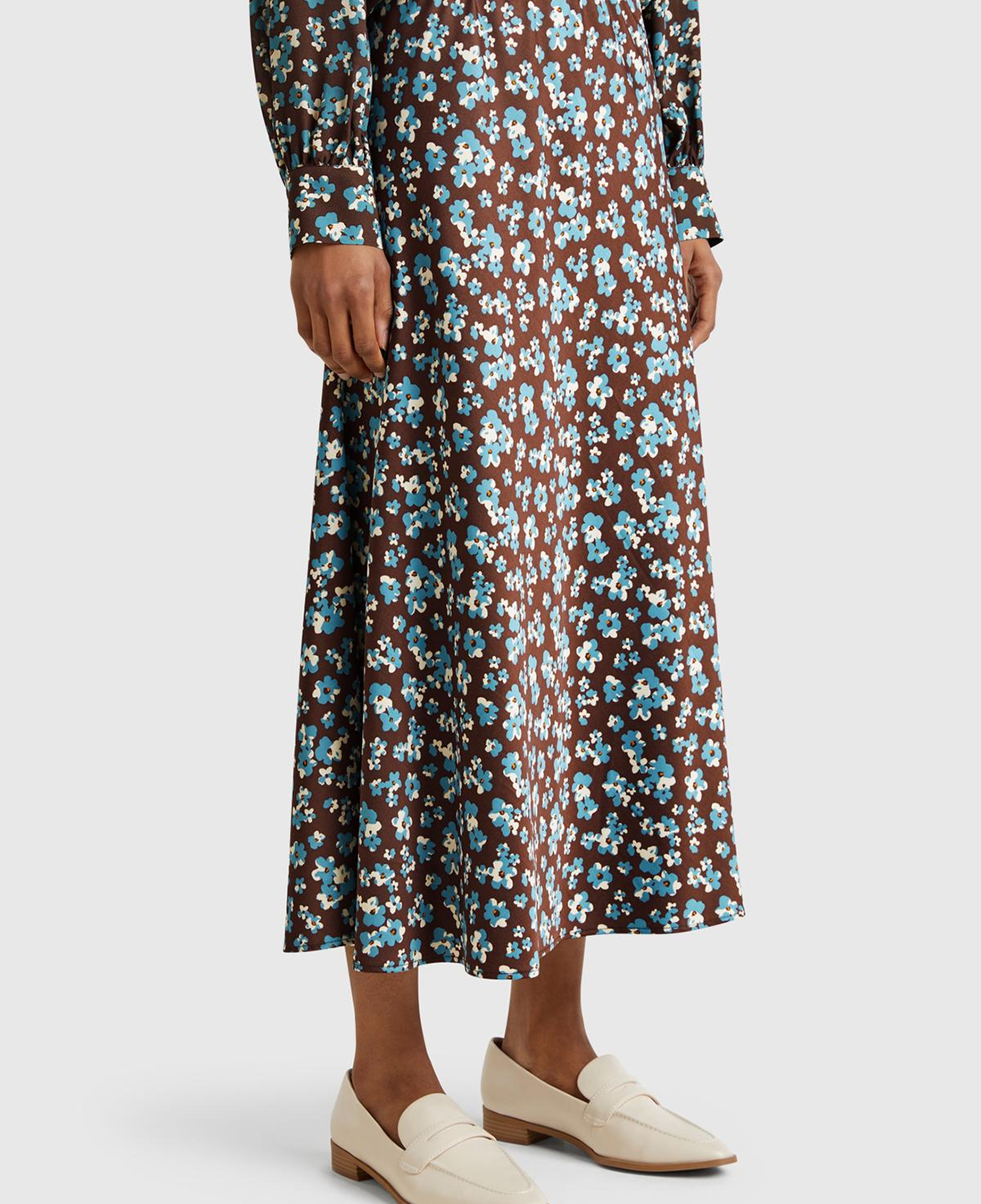 Kadın Kahverengi Viskoz Karışımlı Desenli Uzun Etek