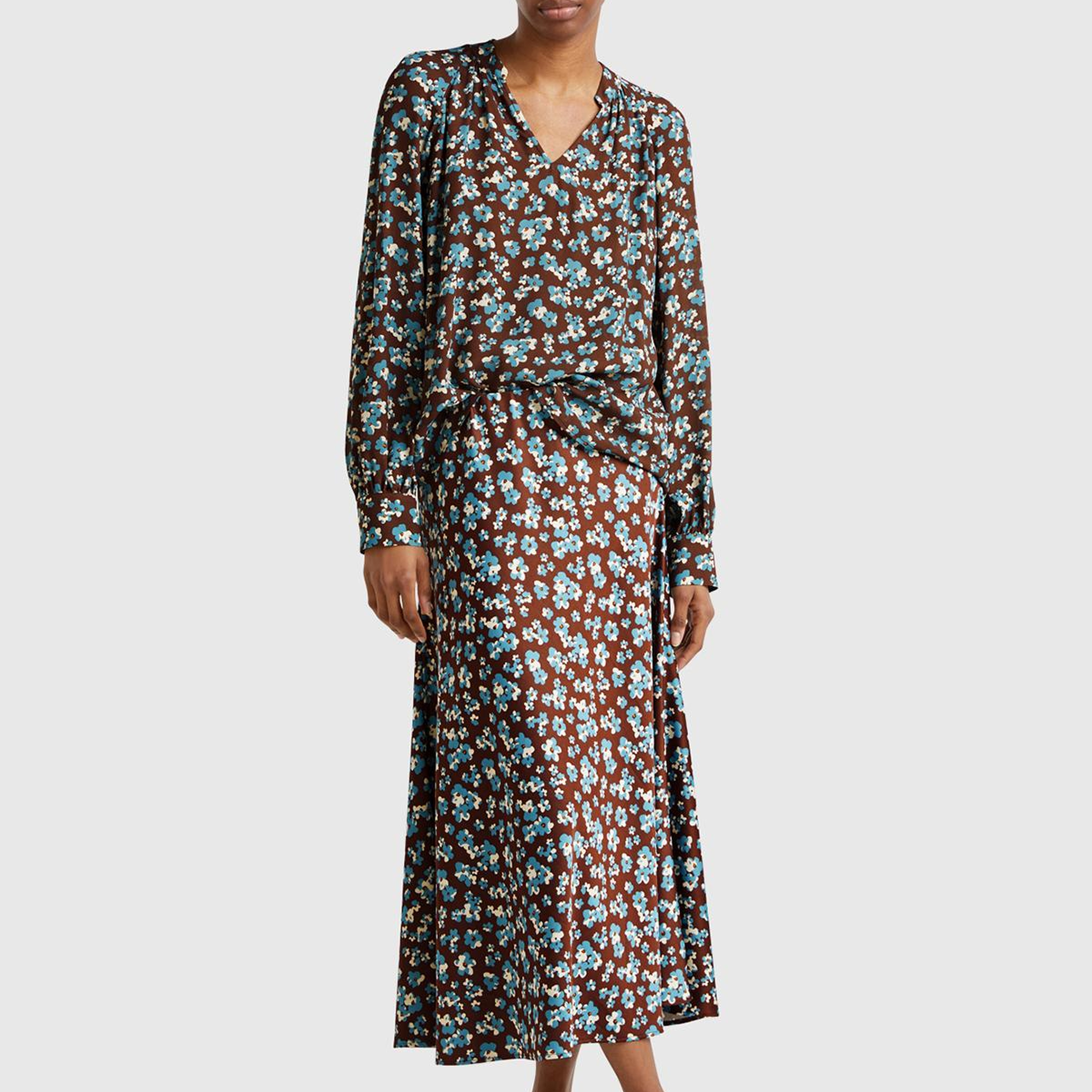 Kadın Kahverengi Viskoz Karışımlı Desenli Uzun Etek