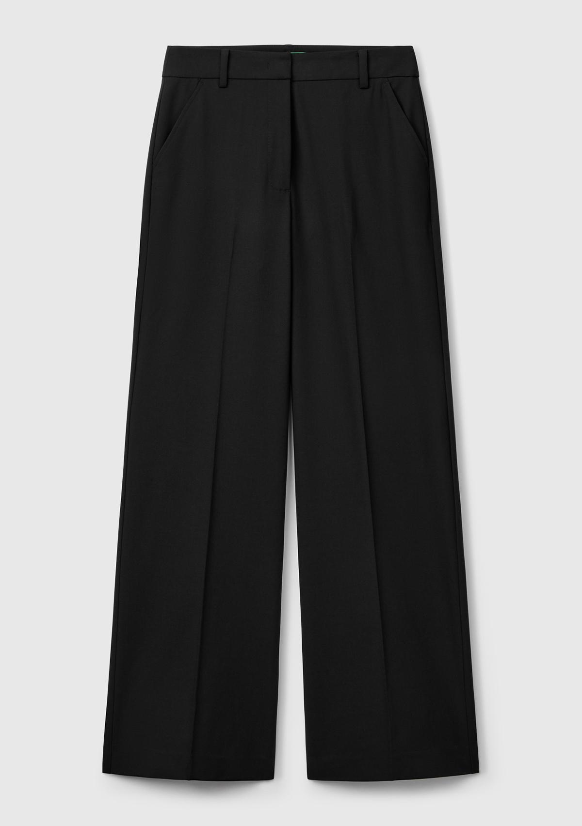 Kadın Siyah Streç Kumaşlı Yüksek Bel Wide Leg Pantolon