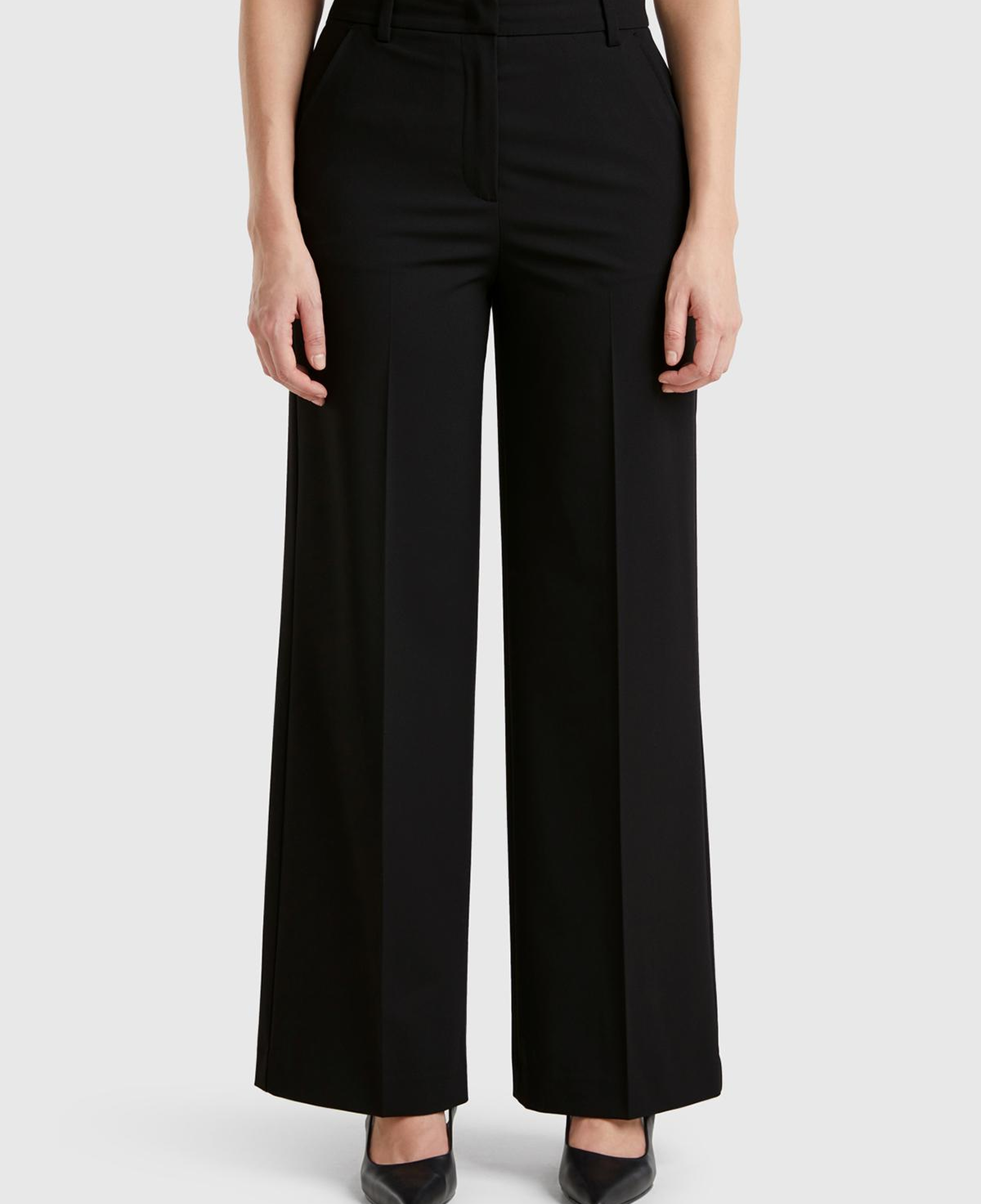 Kadın Siyah Streç Kumaşlı Yüksek Bel Wide Leg Pantolon