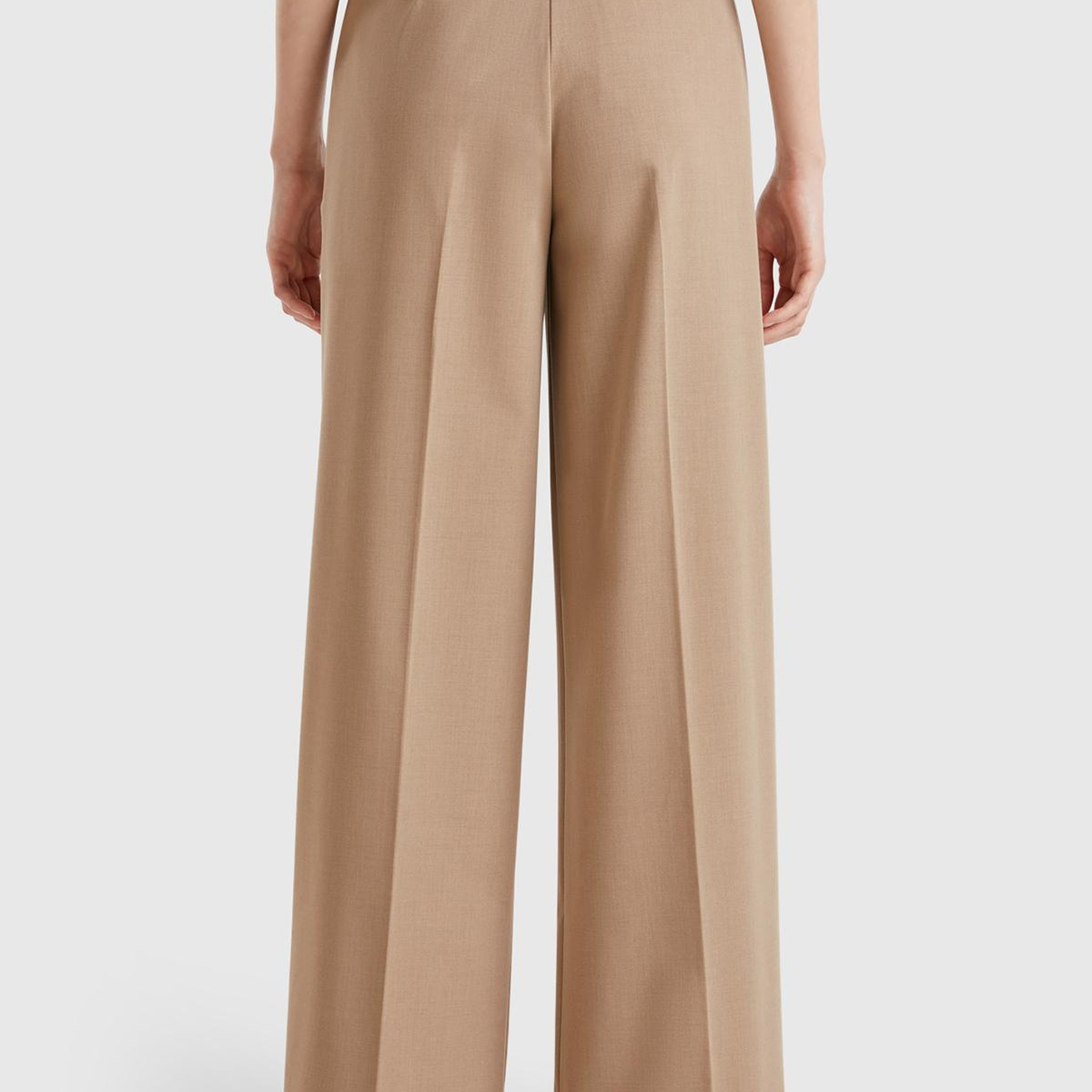 Kadın Bej Streç Kumaşlı Yüksek Bel Wide Leg Pantolon