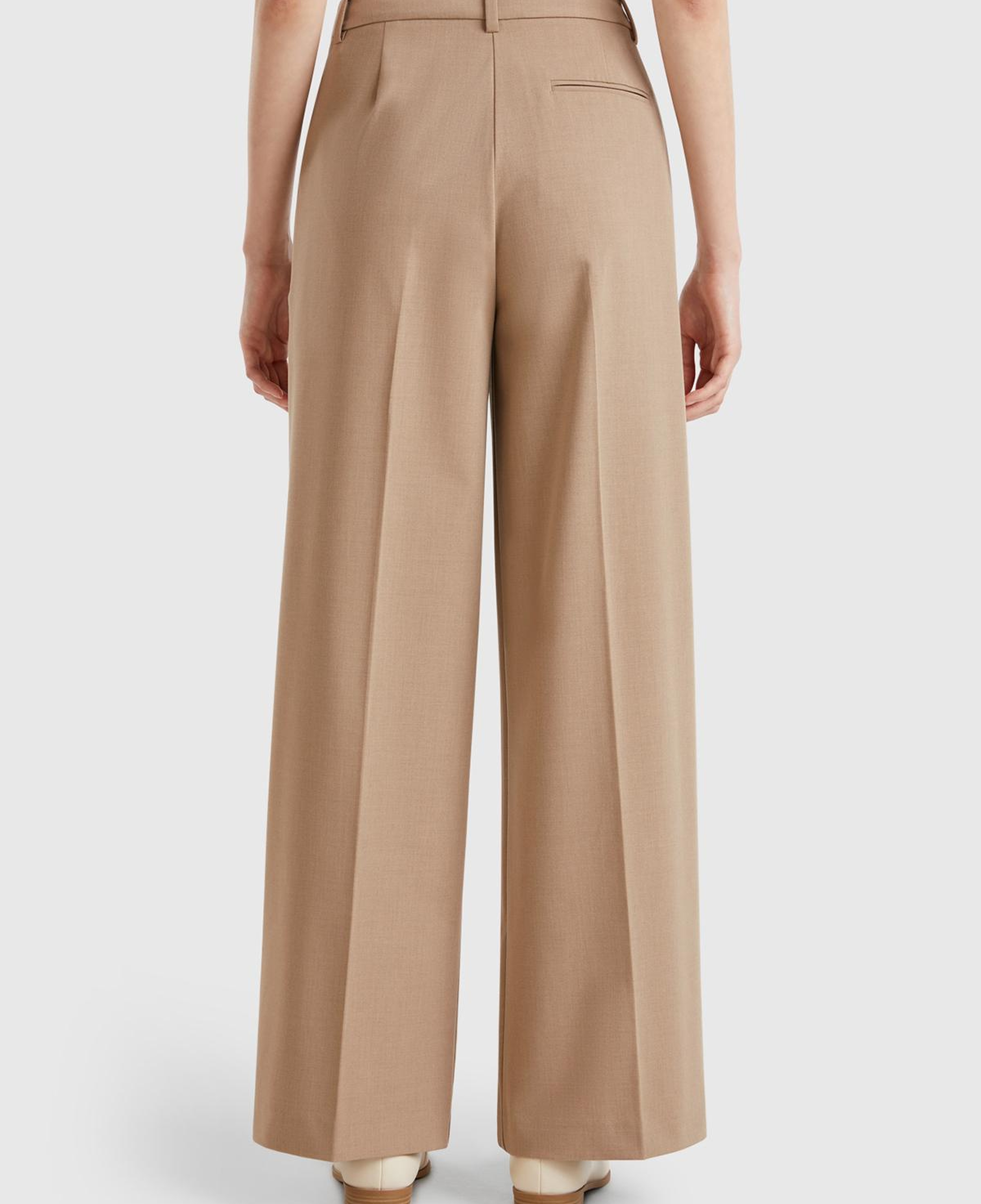 Kadın Bej Streç Kumaşlı Yüksek Bel Wide Leg Pantolon