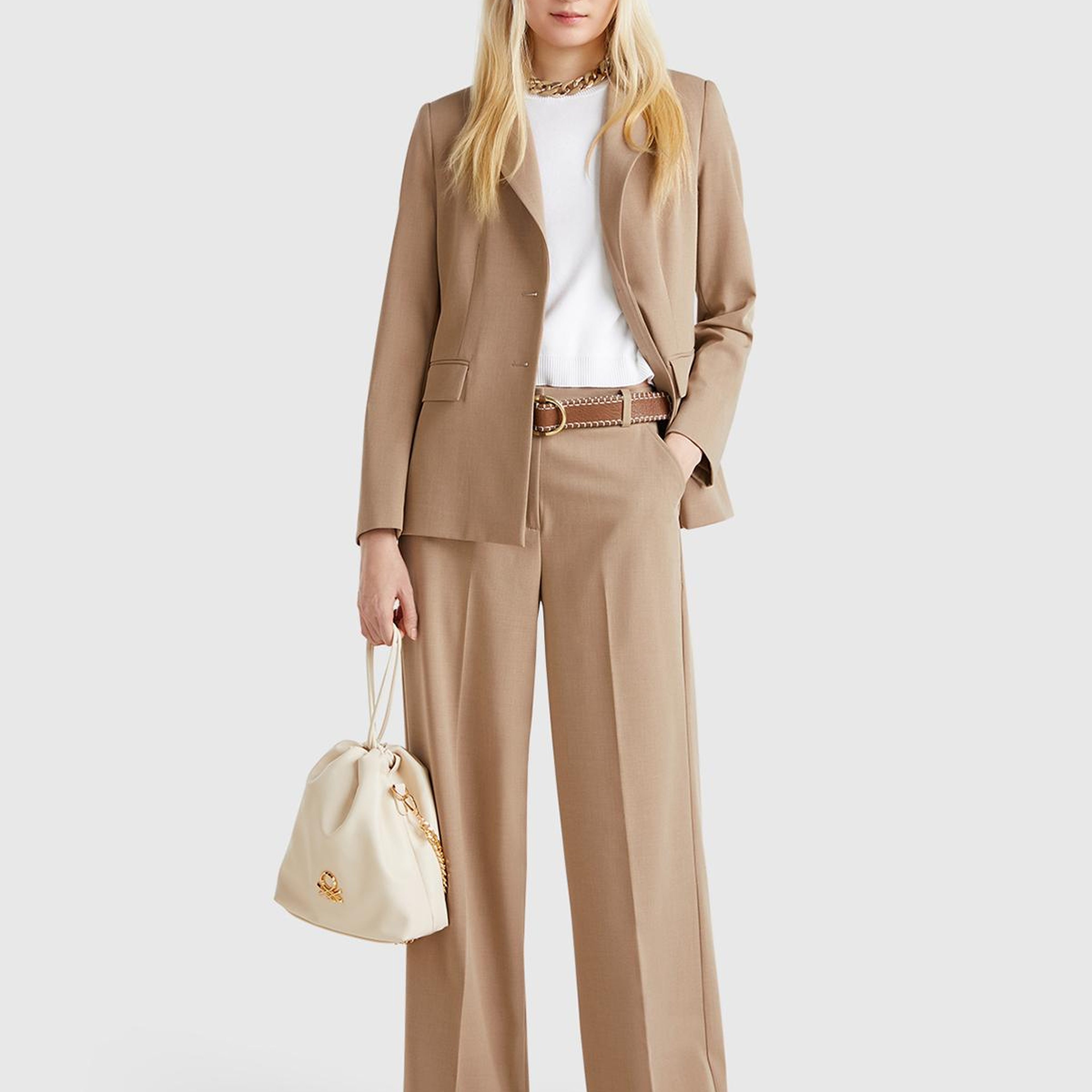 Kadın Bej Streç Kumaşlı Yüksek Bel Wide Leg Pantolon