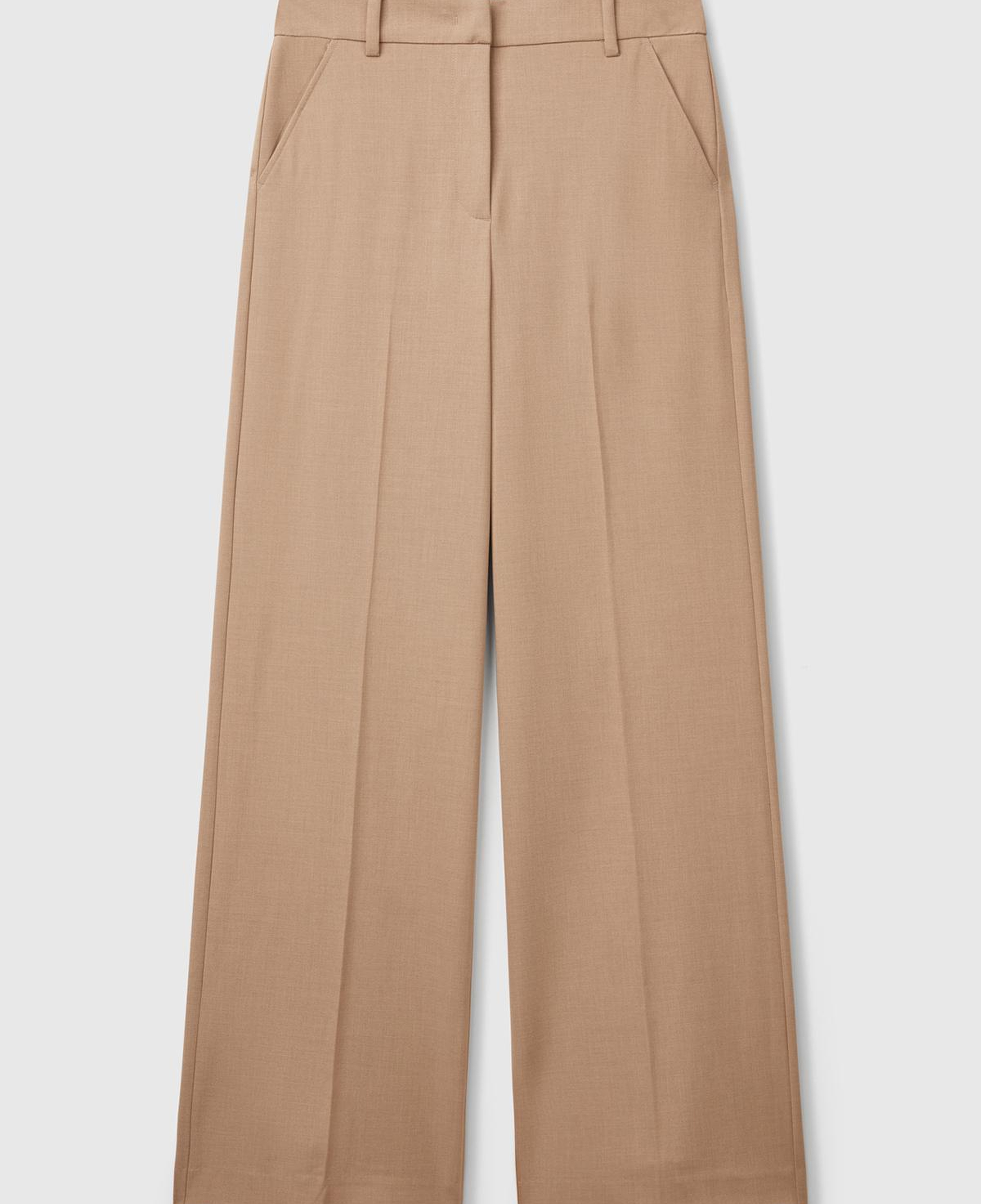 Kadın Bej Streç Kumaşlı Yüksek Bel Wide Leg Pantolon