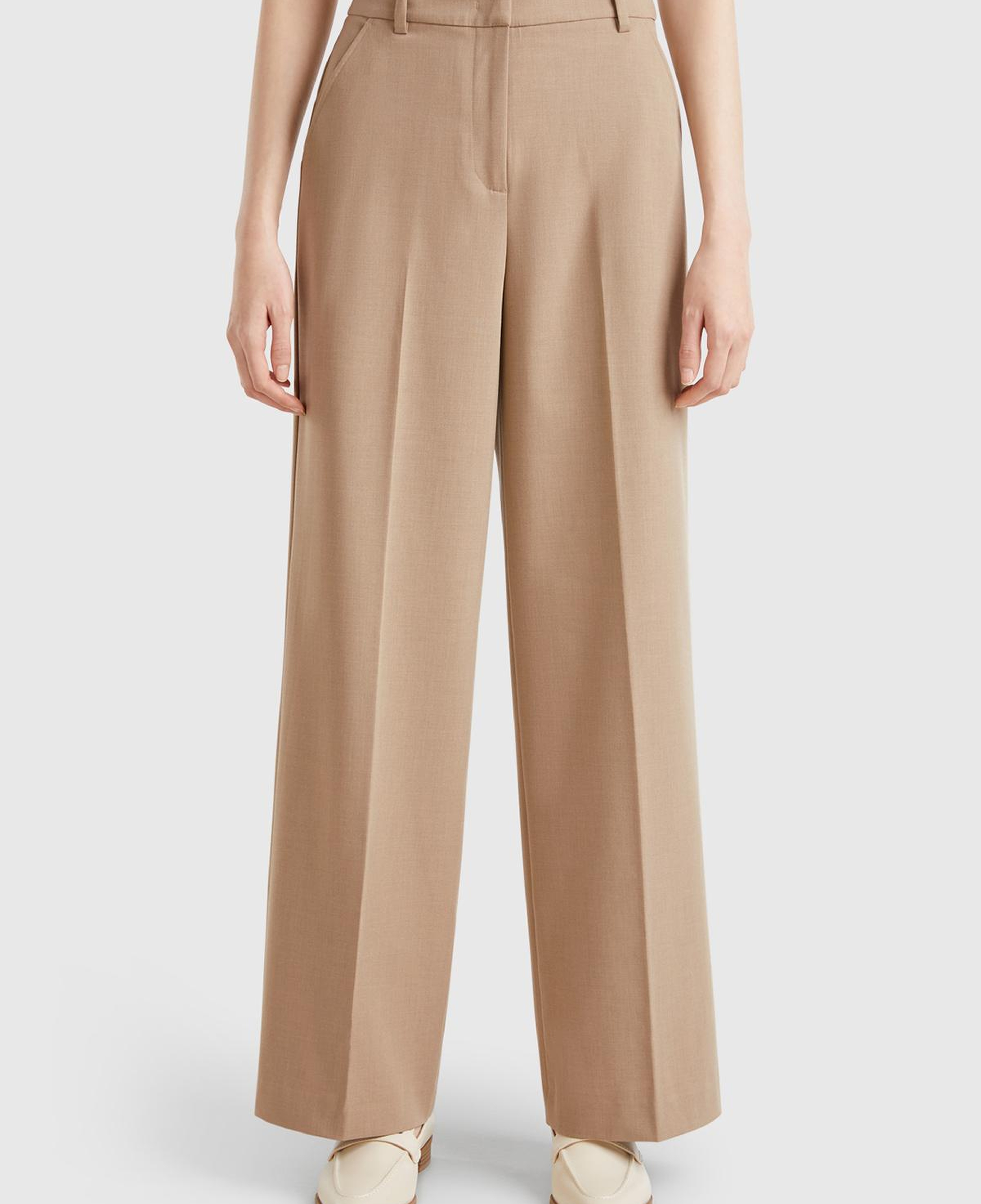 Kadın Bej Streç Kumaşlı Yüksek Bel Wide Leg Pantolon