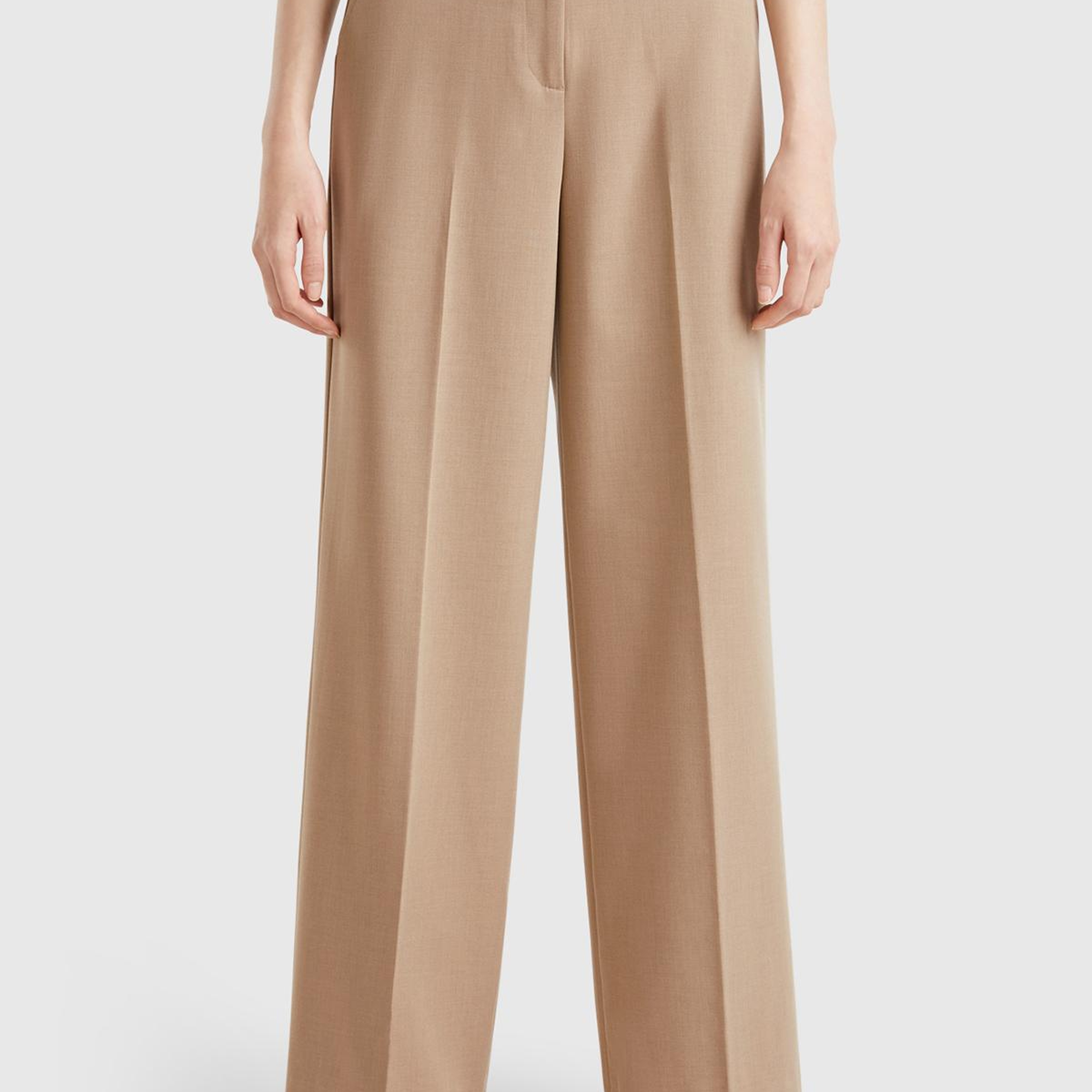 Kadın Bej Streç Kumaşlı Yüksek Bel Wide Leg Pantolon