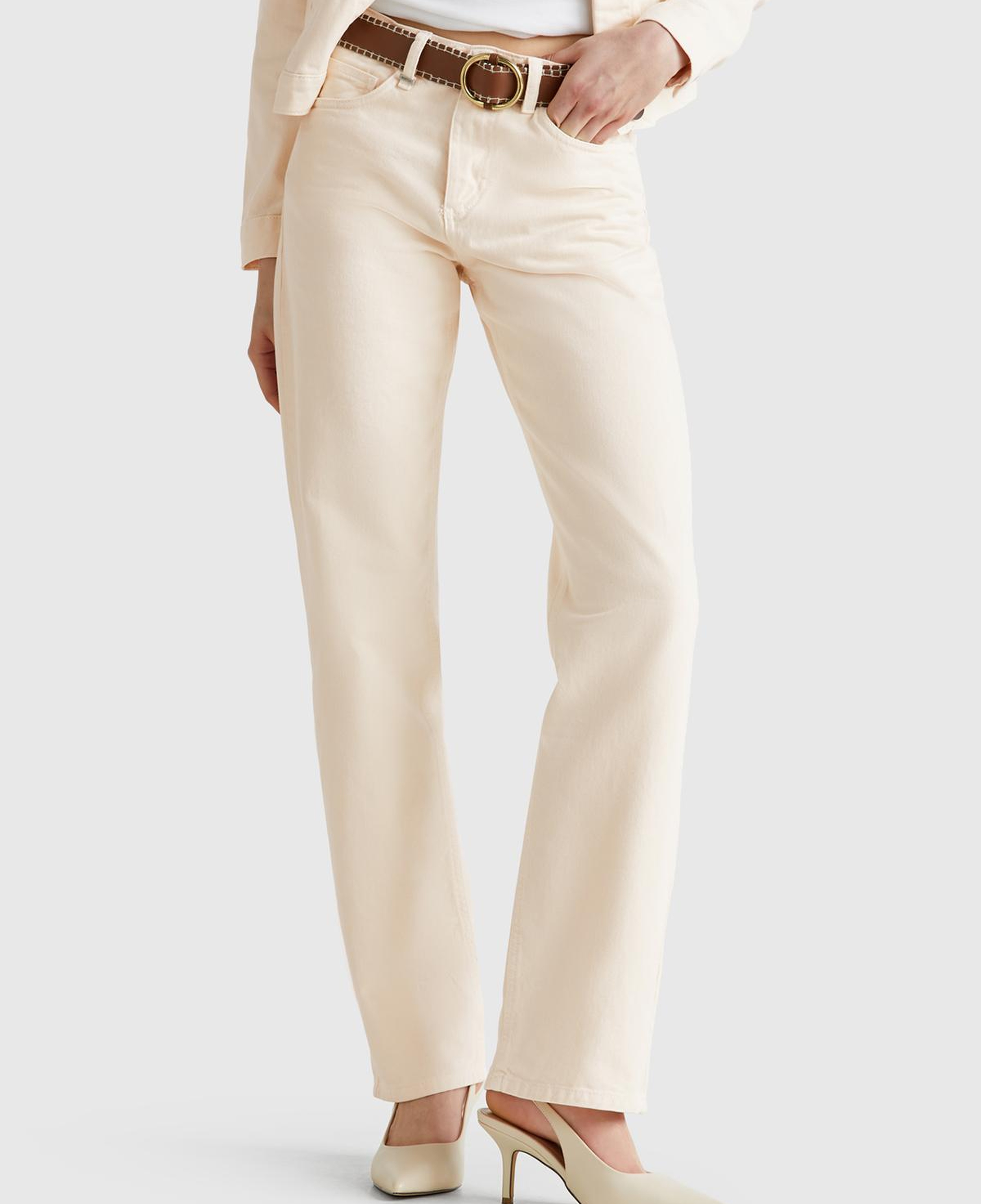 Kadın Krem %100 Pamuk Normal Bel Regular Fit Denim Pantolon