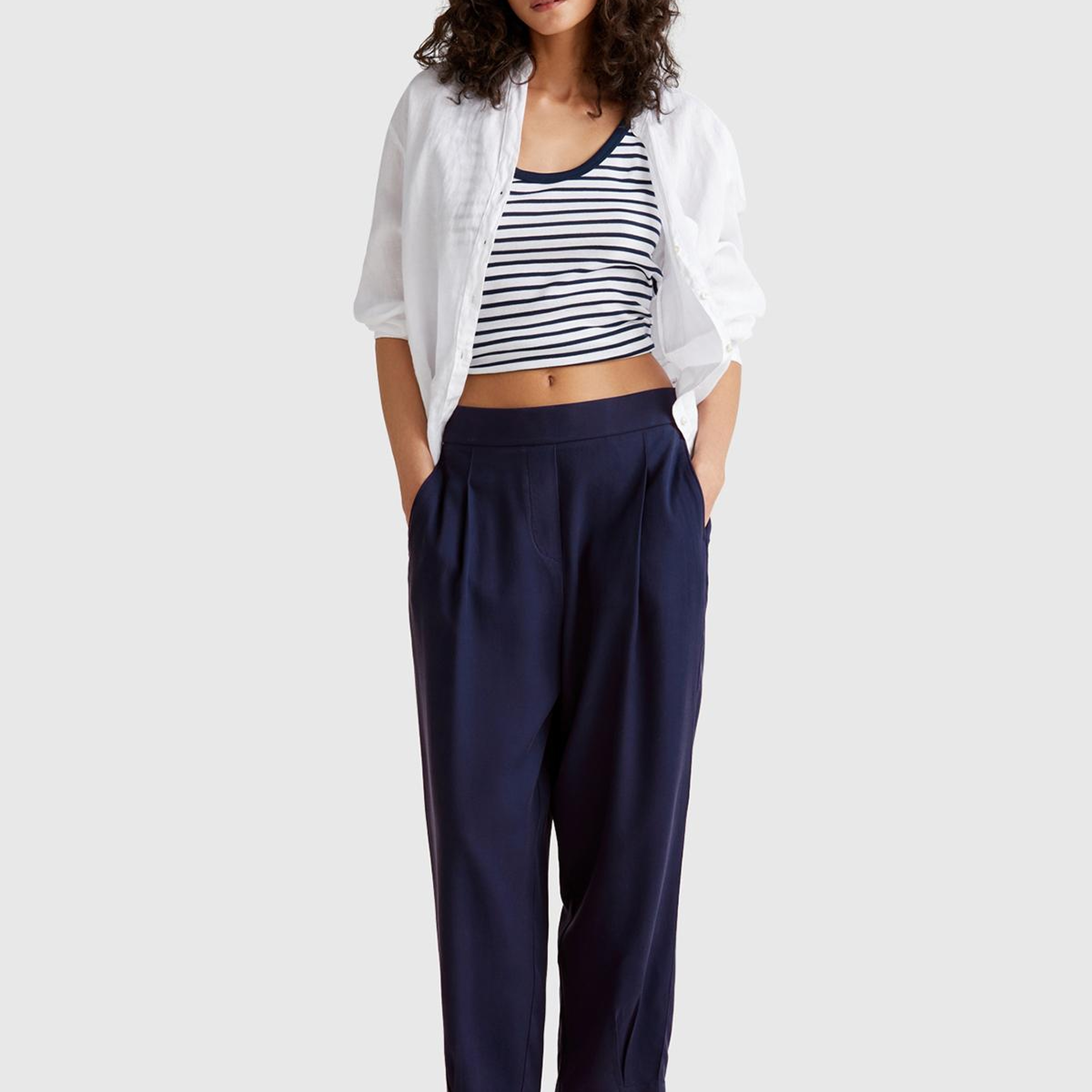 Kadın Lacivert %100 Liyosel Beli Lastikli Balon Fit Pantolon