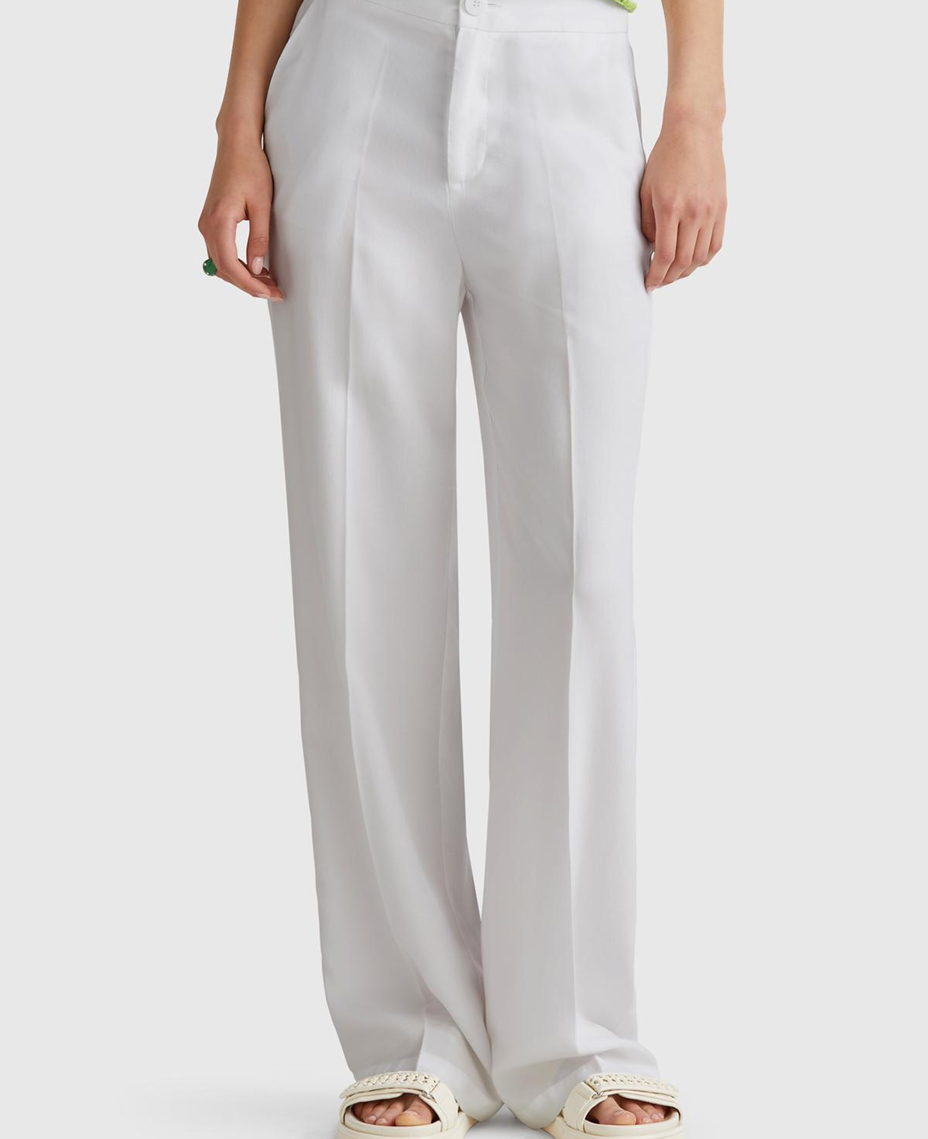 Kadın Beyaz %100 Liyosel Beli Lastikli Düz Paça Pantolon
