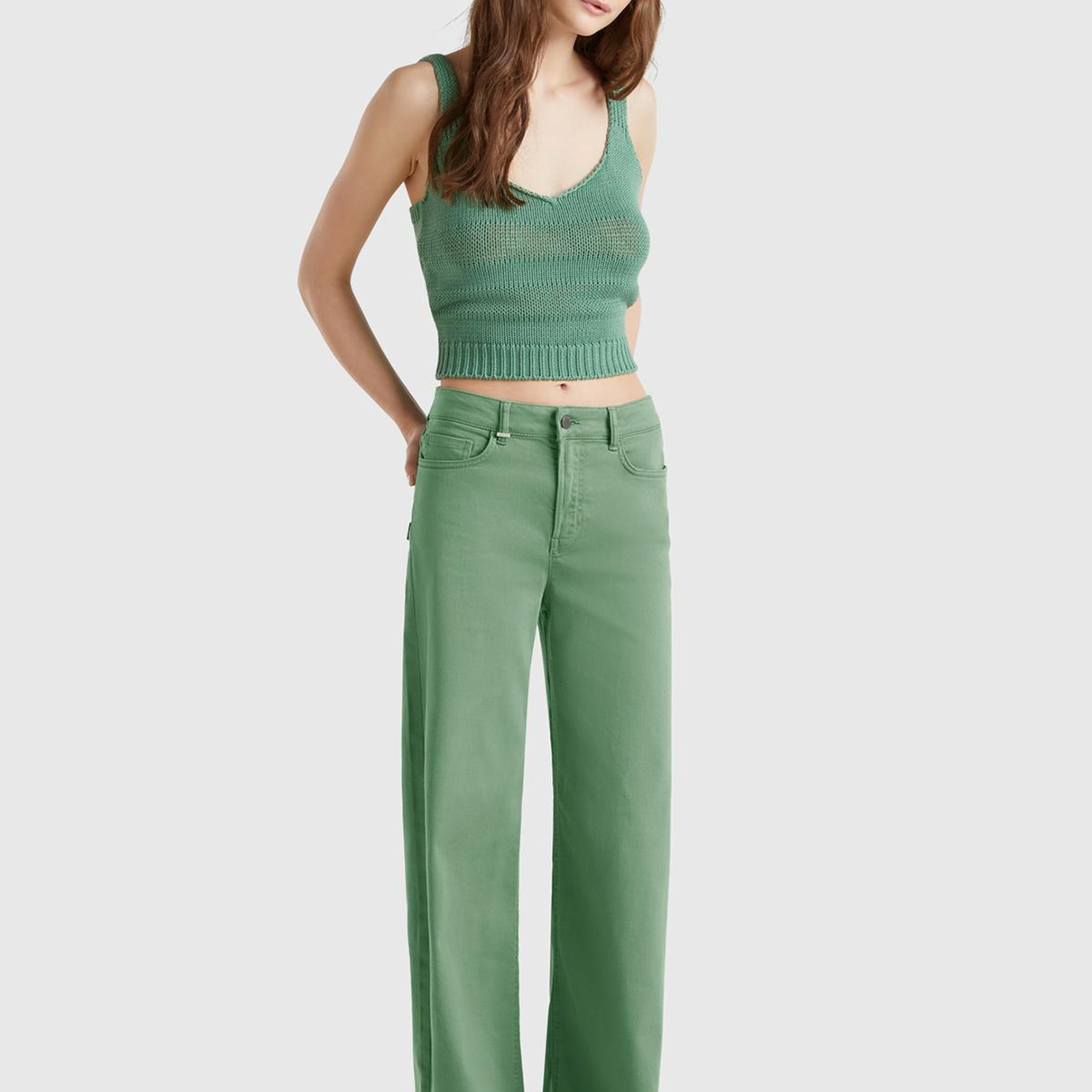 Kadın Açık Yeşil Streç Pamuklu Arkası Logo Etiketli Bol Kesim Pantolon