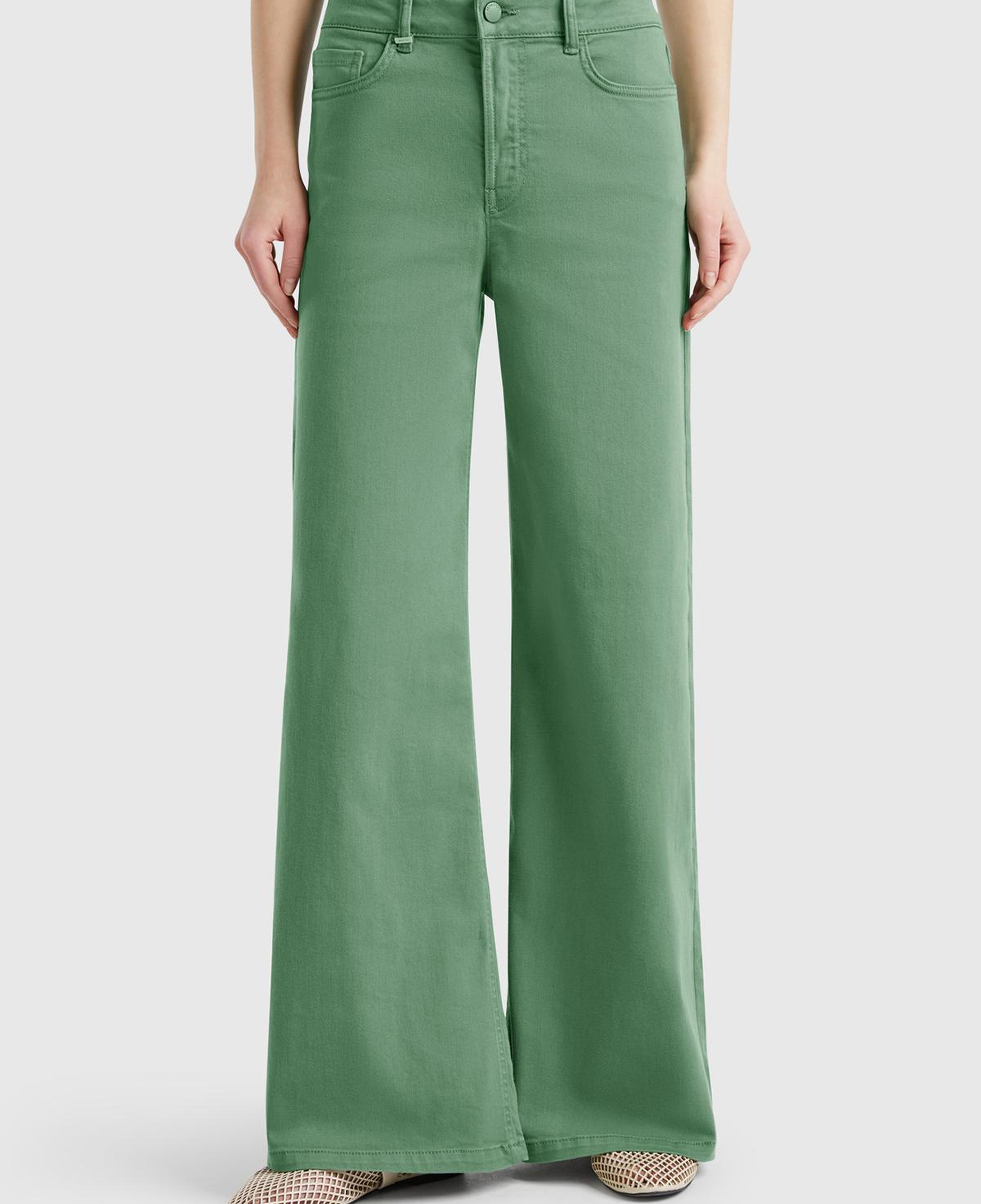 Kadın Açık Yeşil Streç Pamuklu Arkası Logo Etiketli Bol Kesim Pantolon