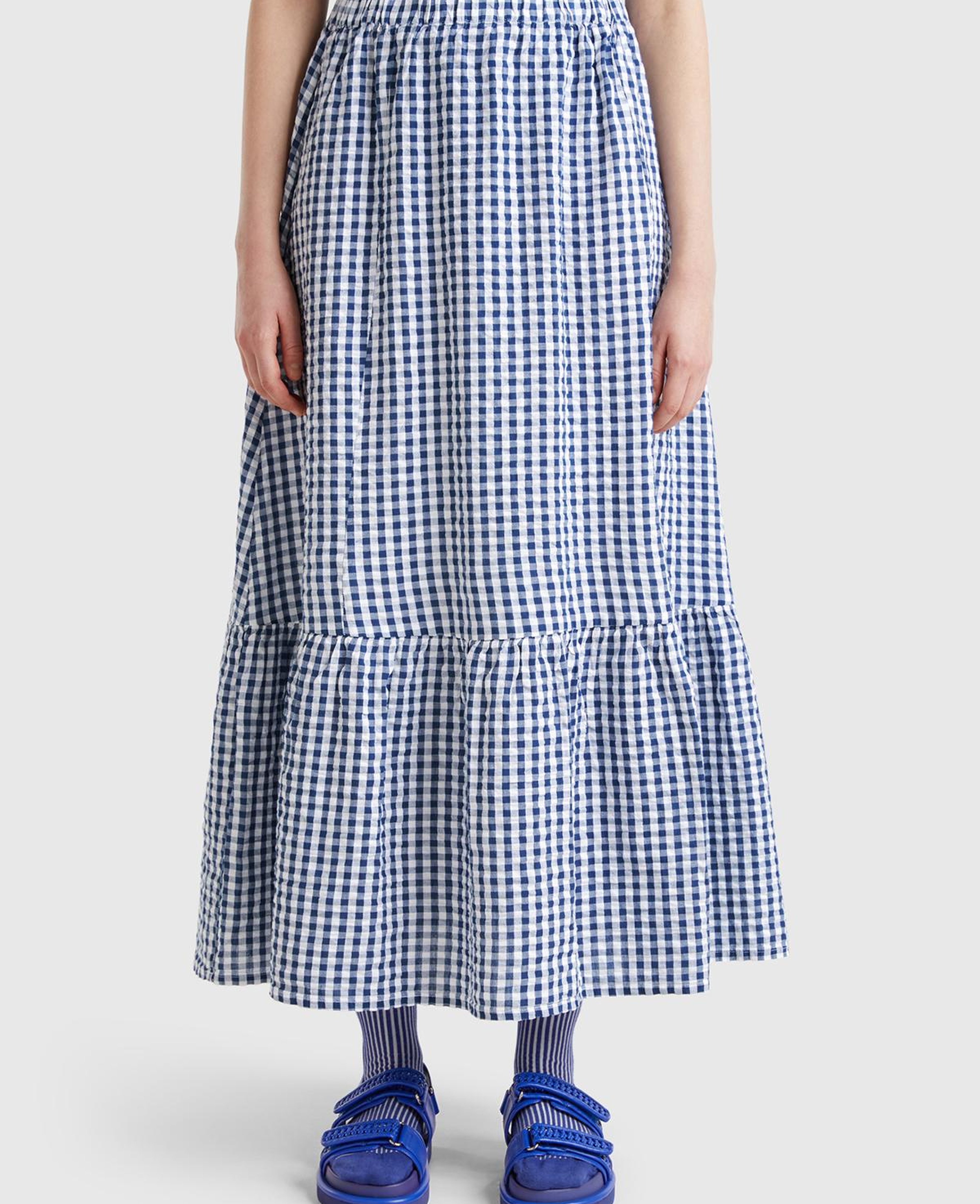 Kadın Mavi %100 Pamuk Pötikareli Beli Lastikli Uzun Etek