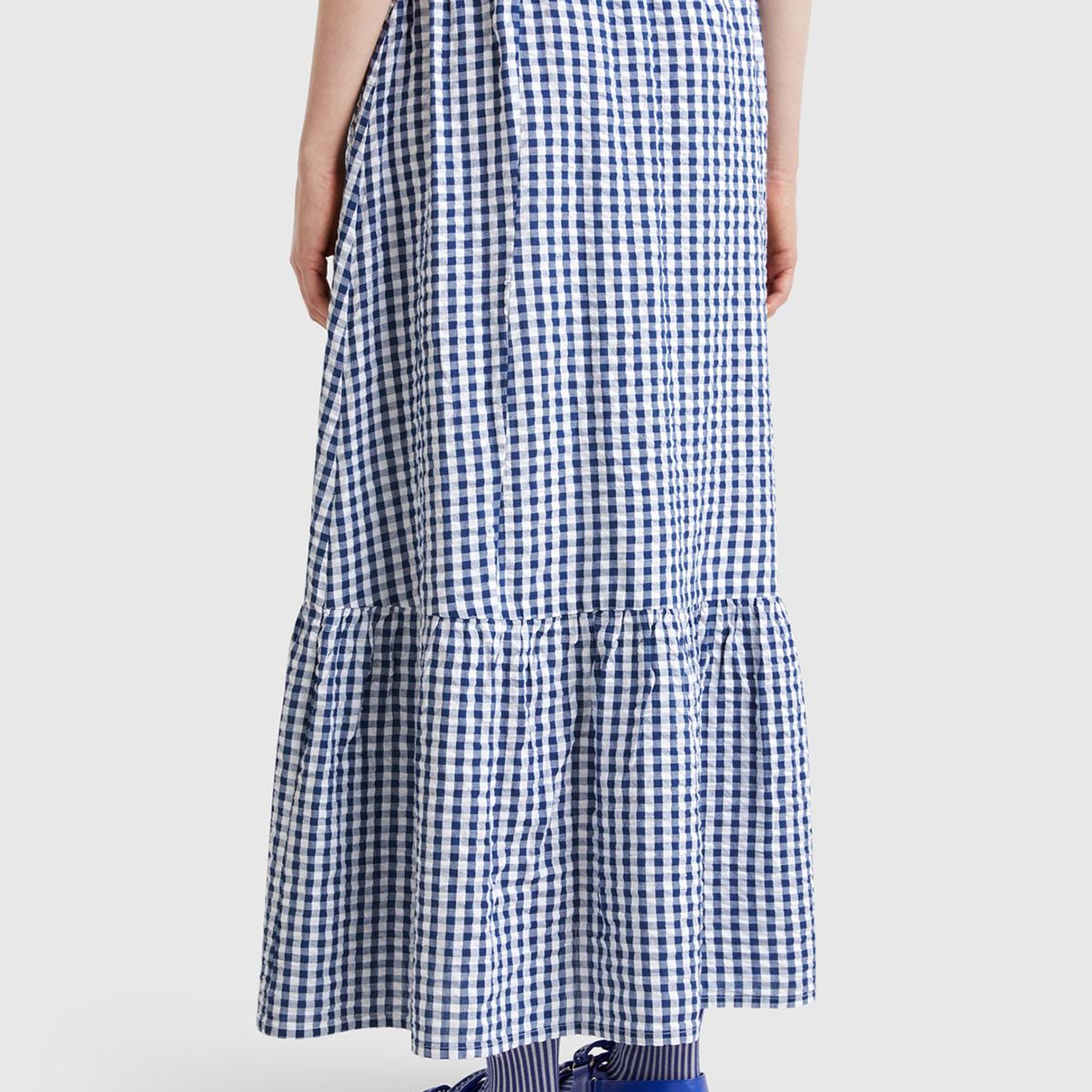 Kadın Mavi %100 Pamuk Pötikareli Beli Lastikli Uzun Etek