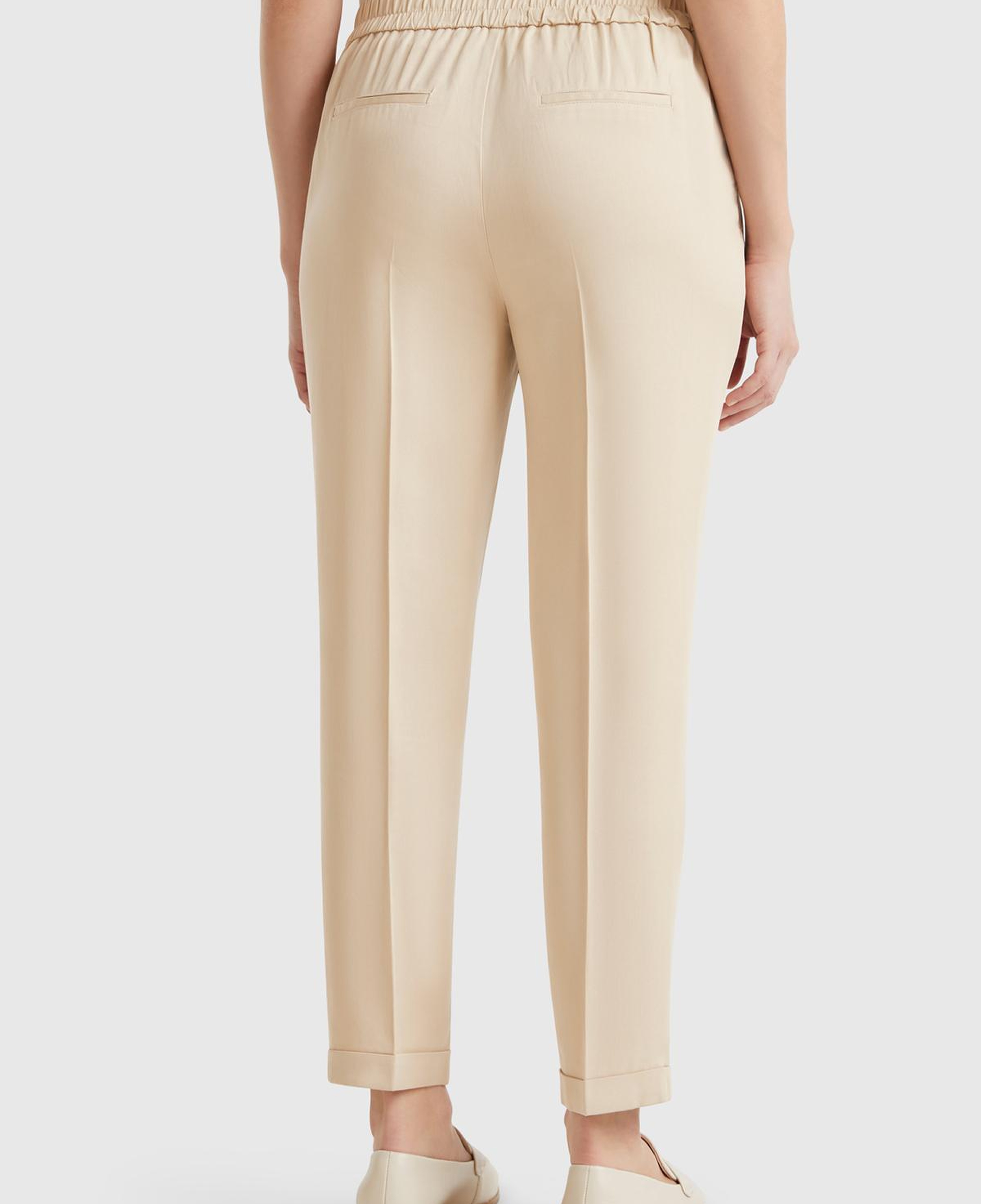 Kadın Bej %100 Liyosel Paçası Kıvrımlı Beli Lastikli Pantolon