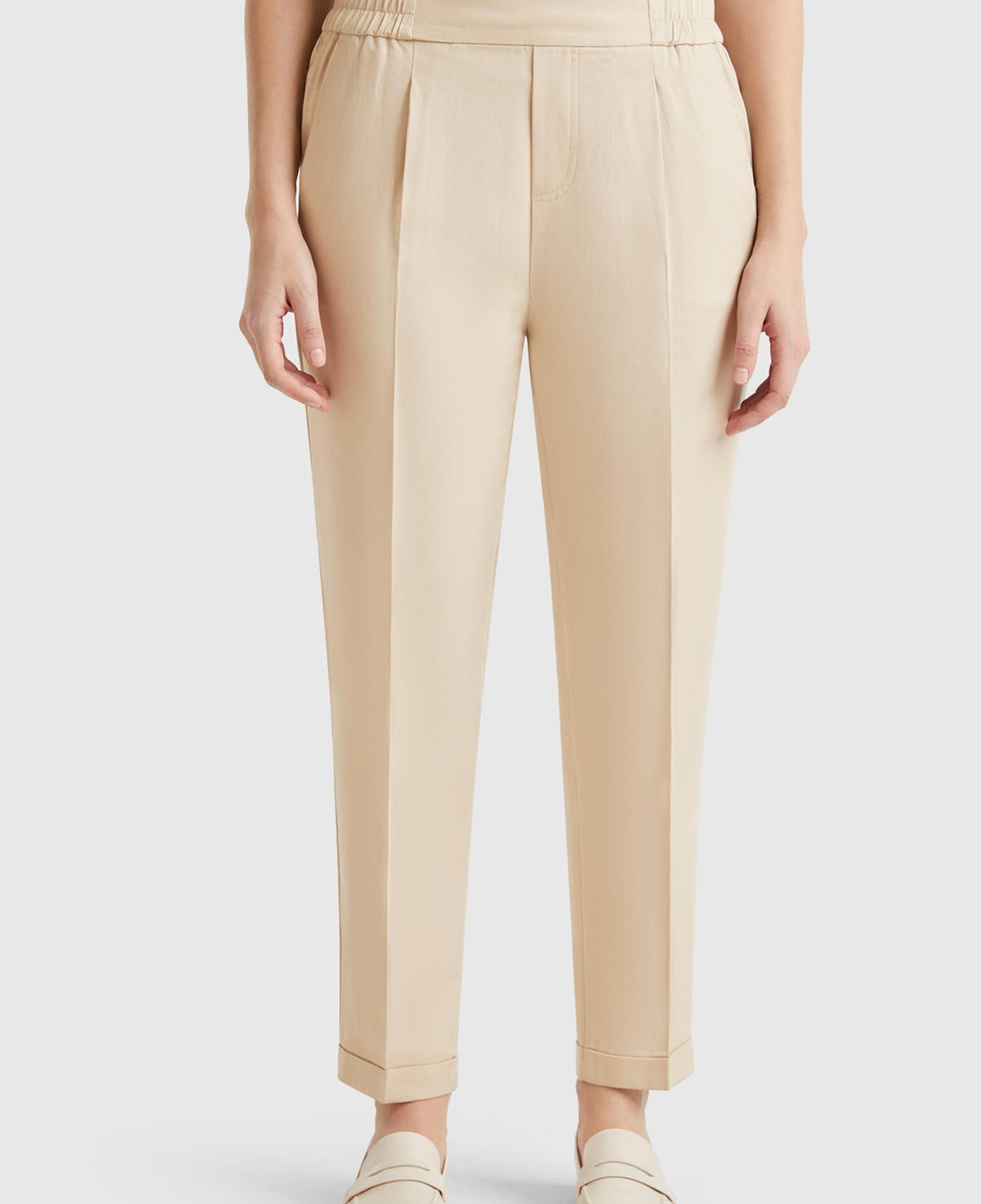 Kadın Bej %100 Liyosel Paçası Kıvrımlı Beli Lastikli Pantolon