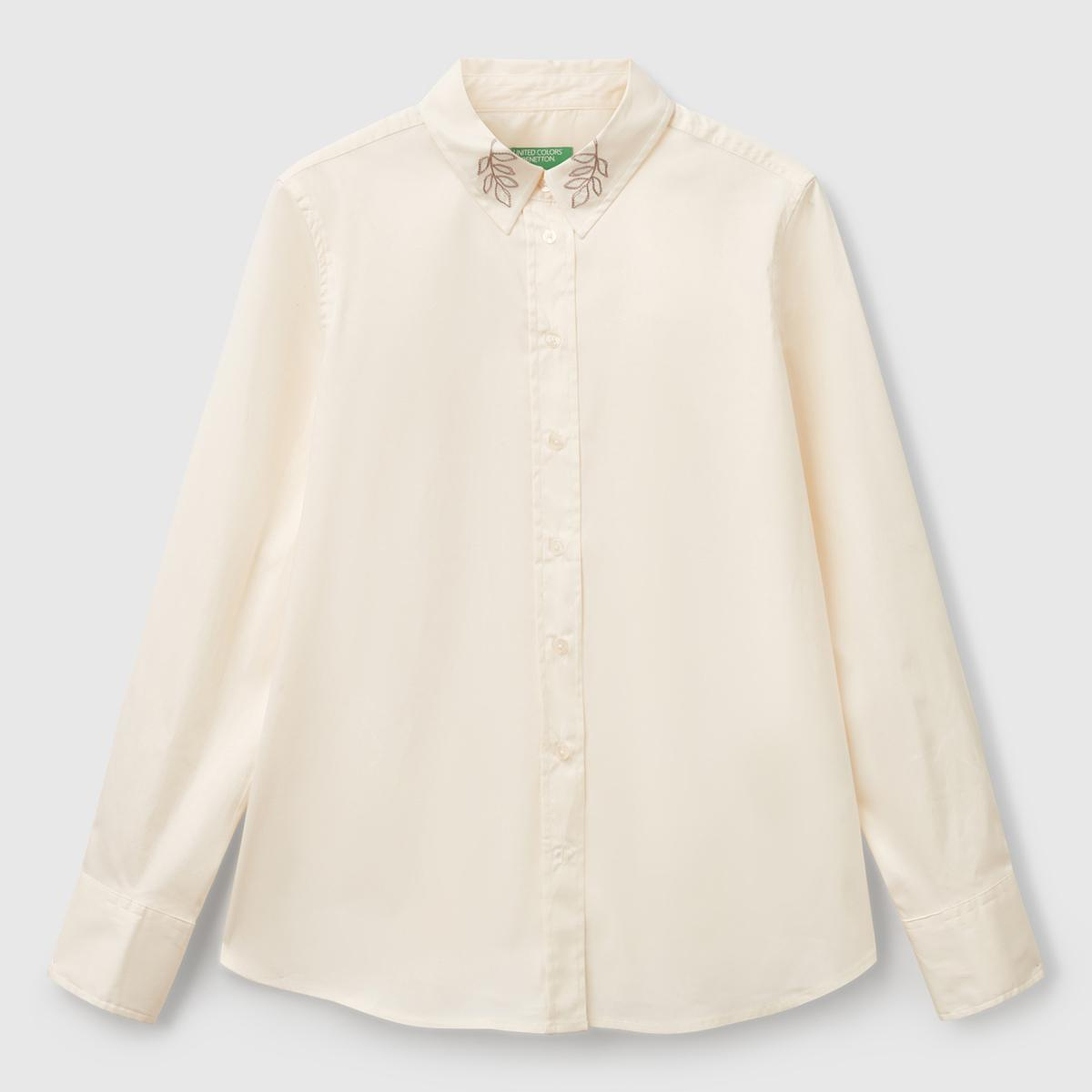 Kadın Krem Koton Karışımlı Yakası İşlemeli Regular Fit Gömlek