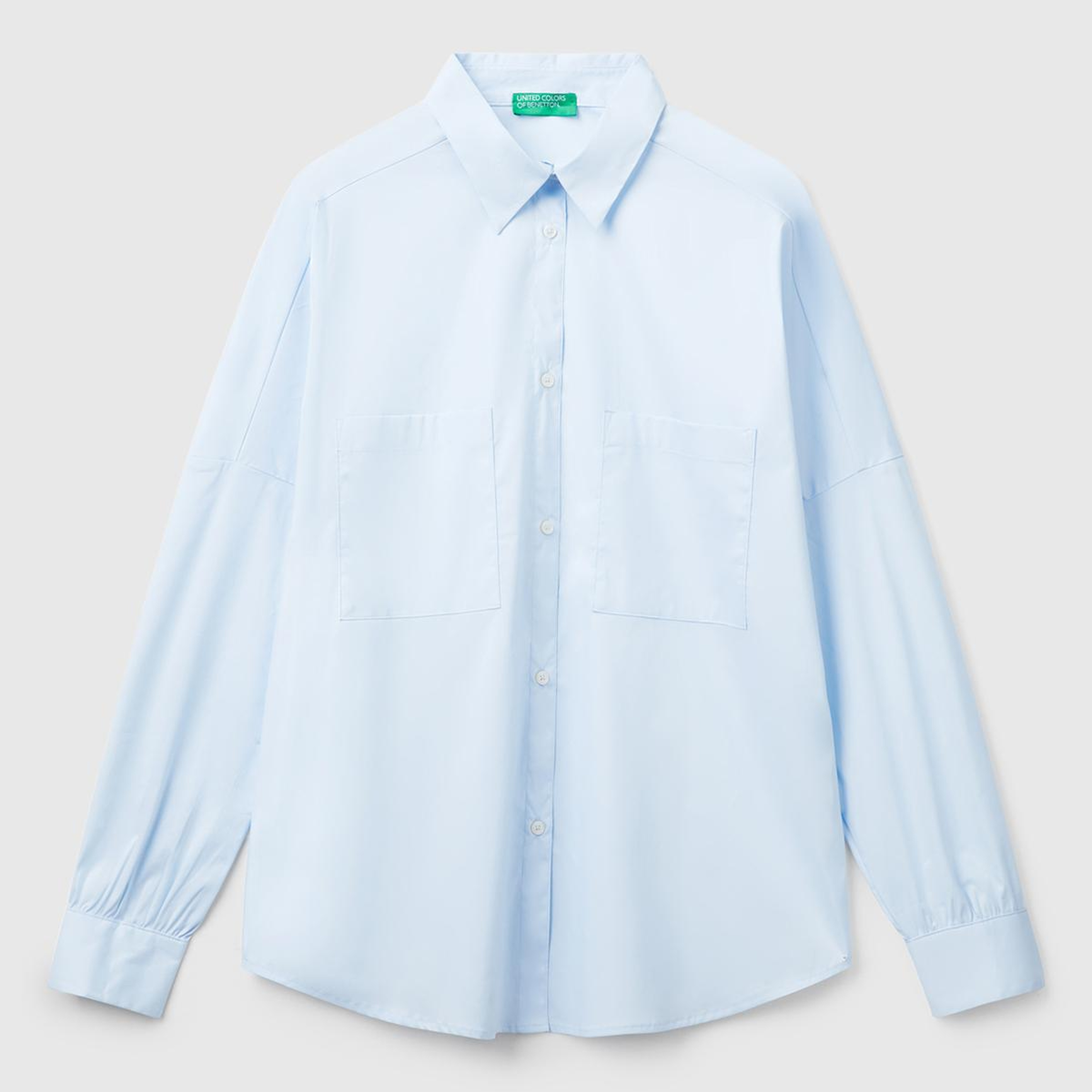 Kadın Açık Mavi Pamuk Karışımlı Kolu Büzgülü Düşük Omuzlu Oversize Gömlek