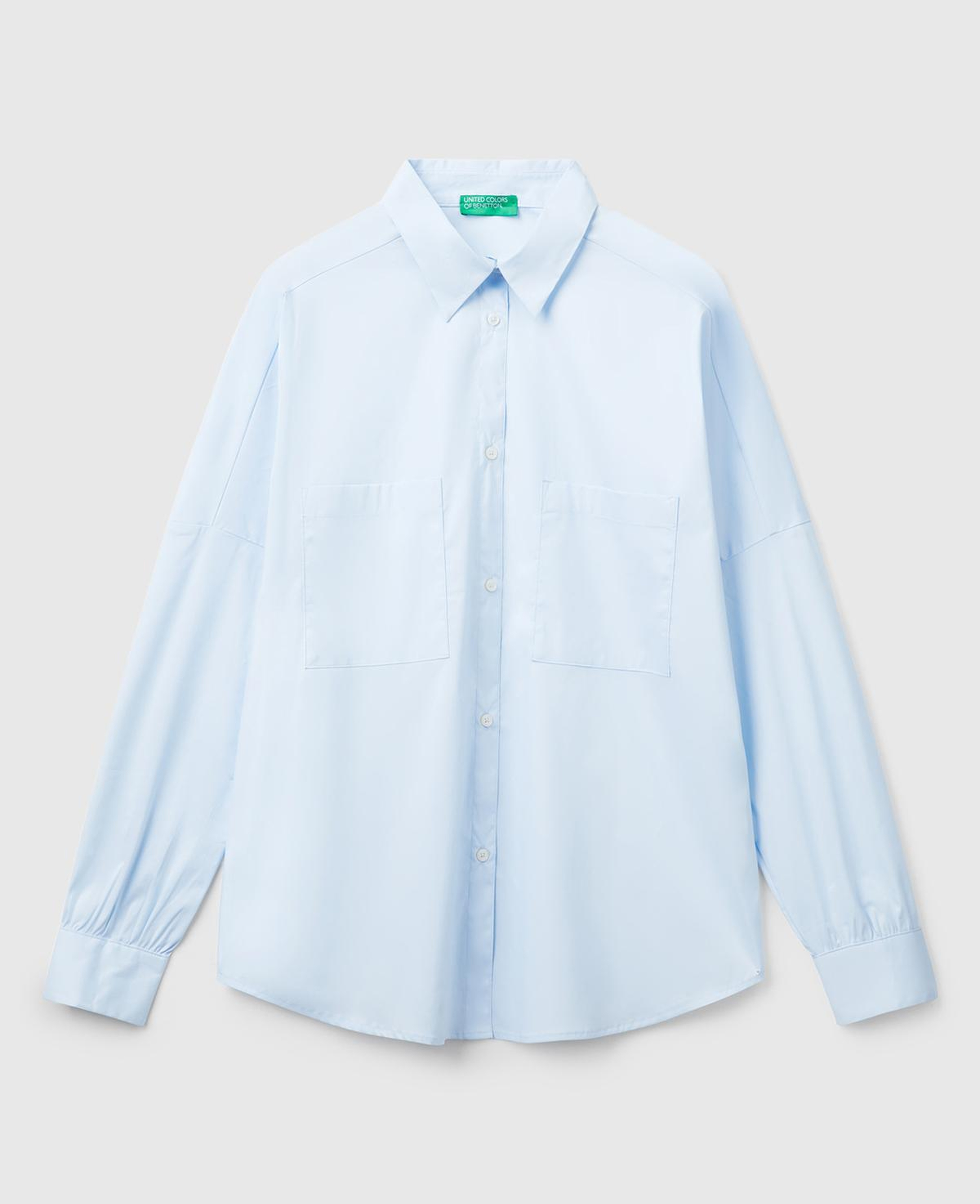 Kadın Açık Mavi Pamuk Karışımlı Kolu Büzgülü Düşük Omuzlu Oversize Gömlek