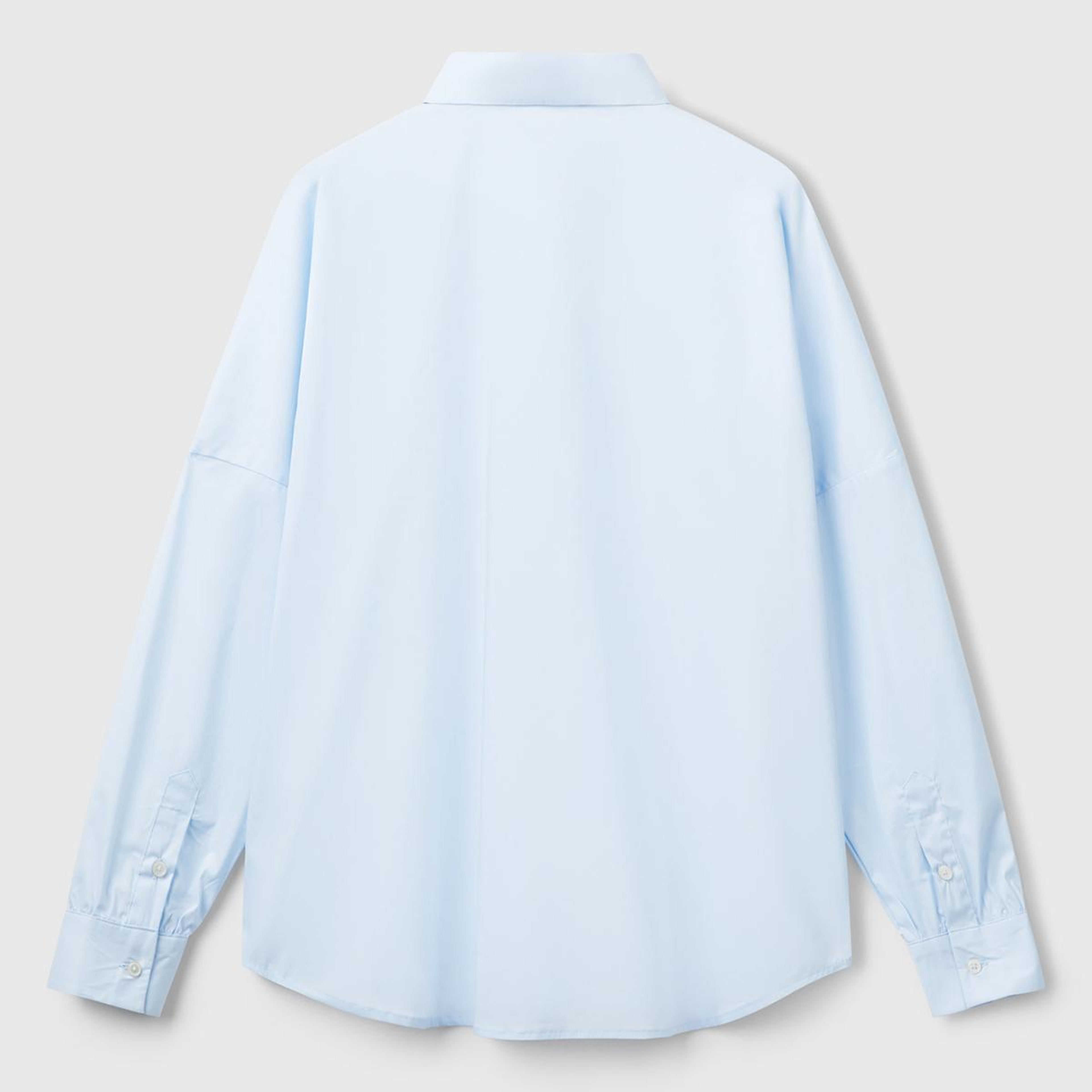 Kadın Açık Mavi Pamuk Karışımlı Kolu Büzgülü Düşük Omuzlu Oversize Gömlek