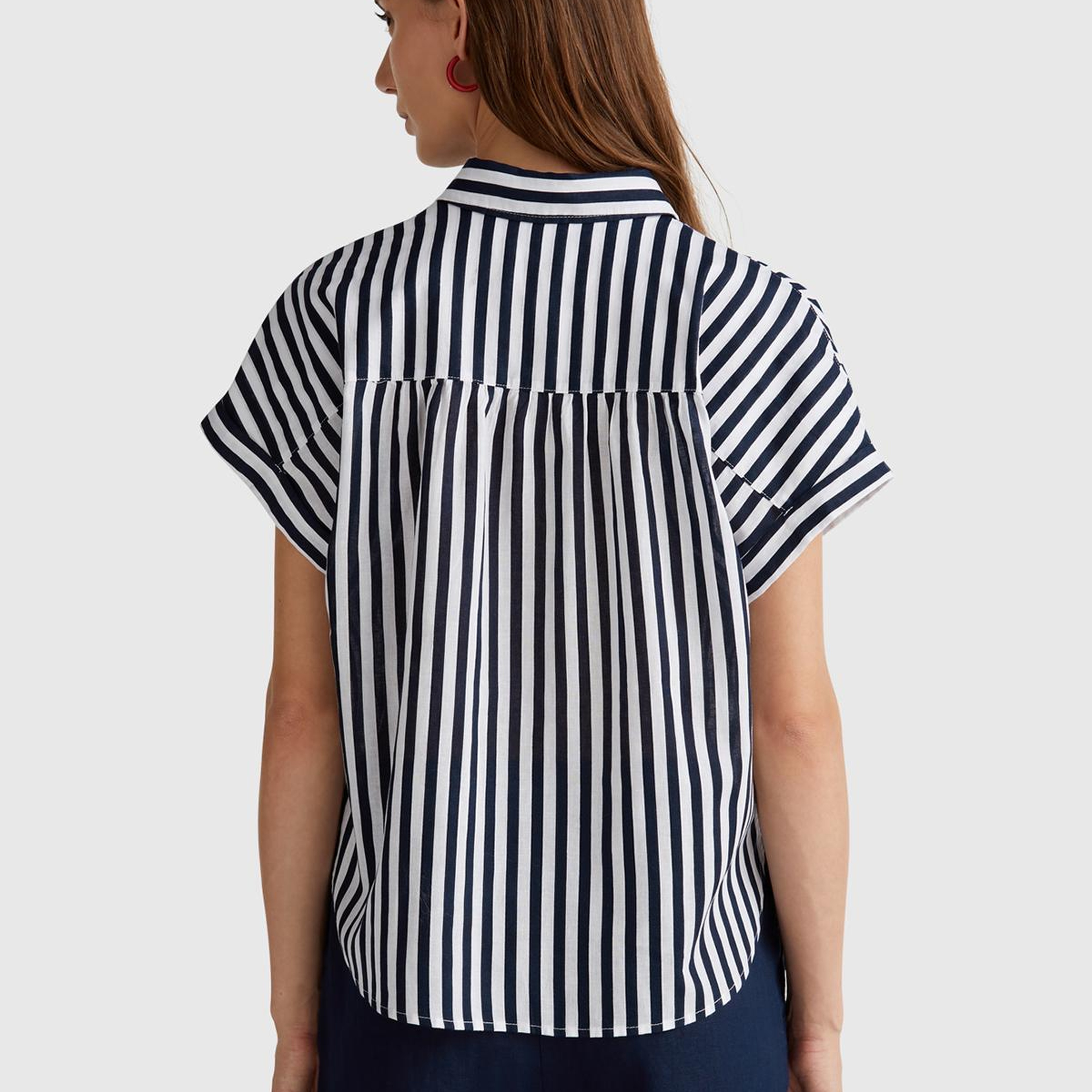 Kadın Lacivert Keten Karışımlı Çizgili Kimono Kol Gömlek