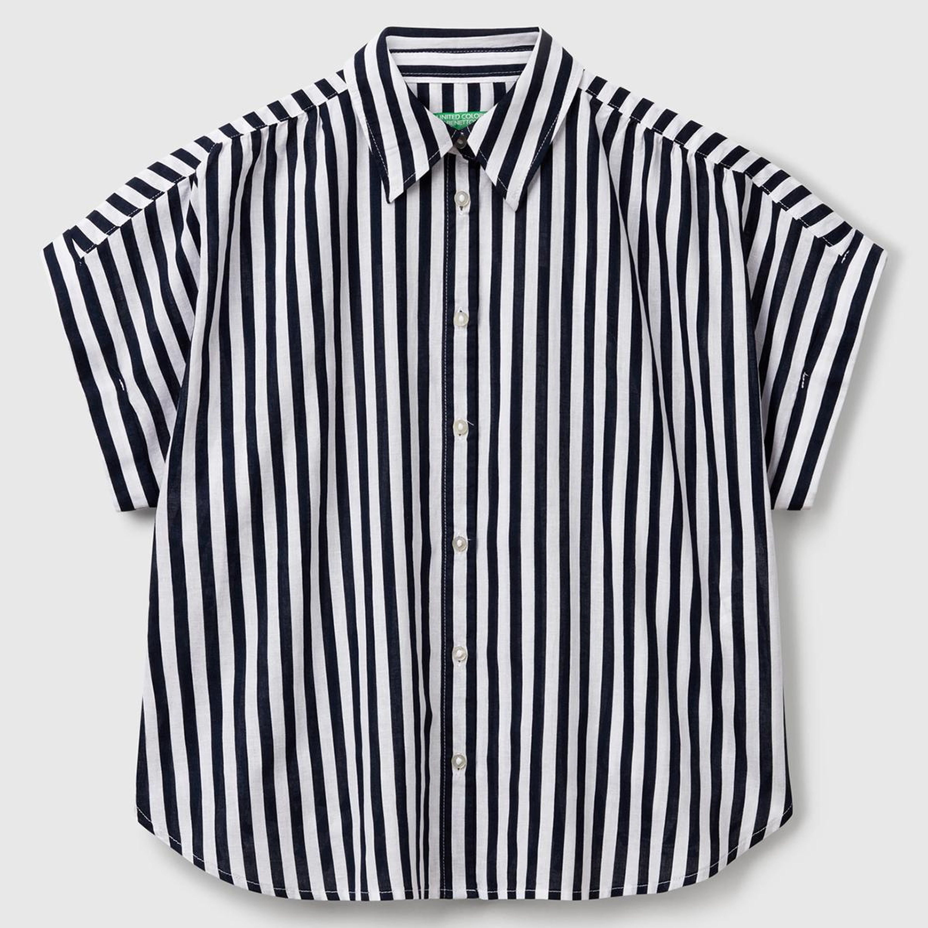 Kadın Lacivert Keten Karışımlı Çizgili Kimono Kol Gömlek