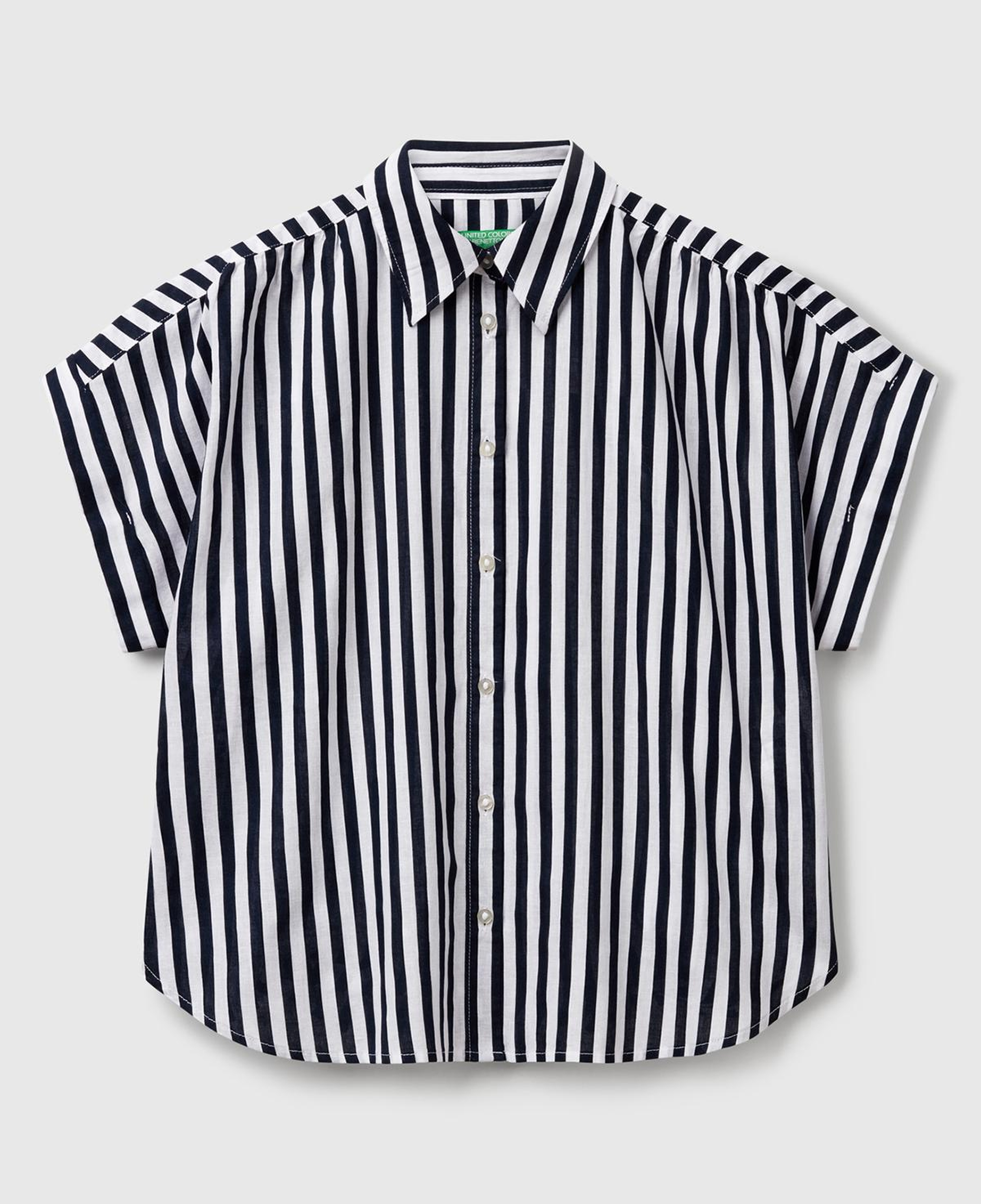 Kadın Lacivert Keten Karışımlı Çizgili Kimono Kol Gömlek