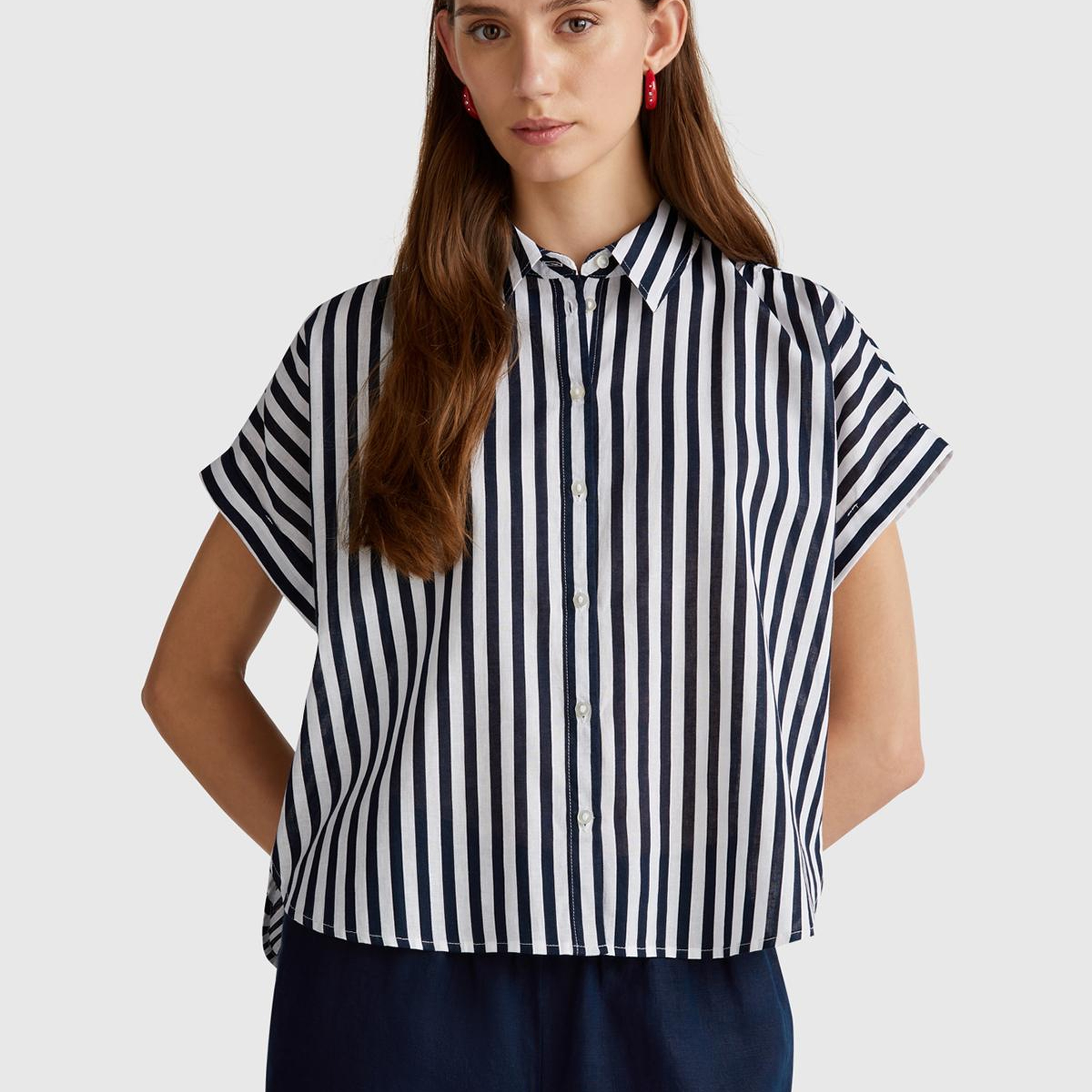 Kadın Lacivert Keten Karışımlı Çizgili Kimono Kol Gömlek