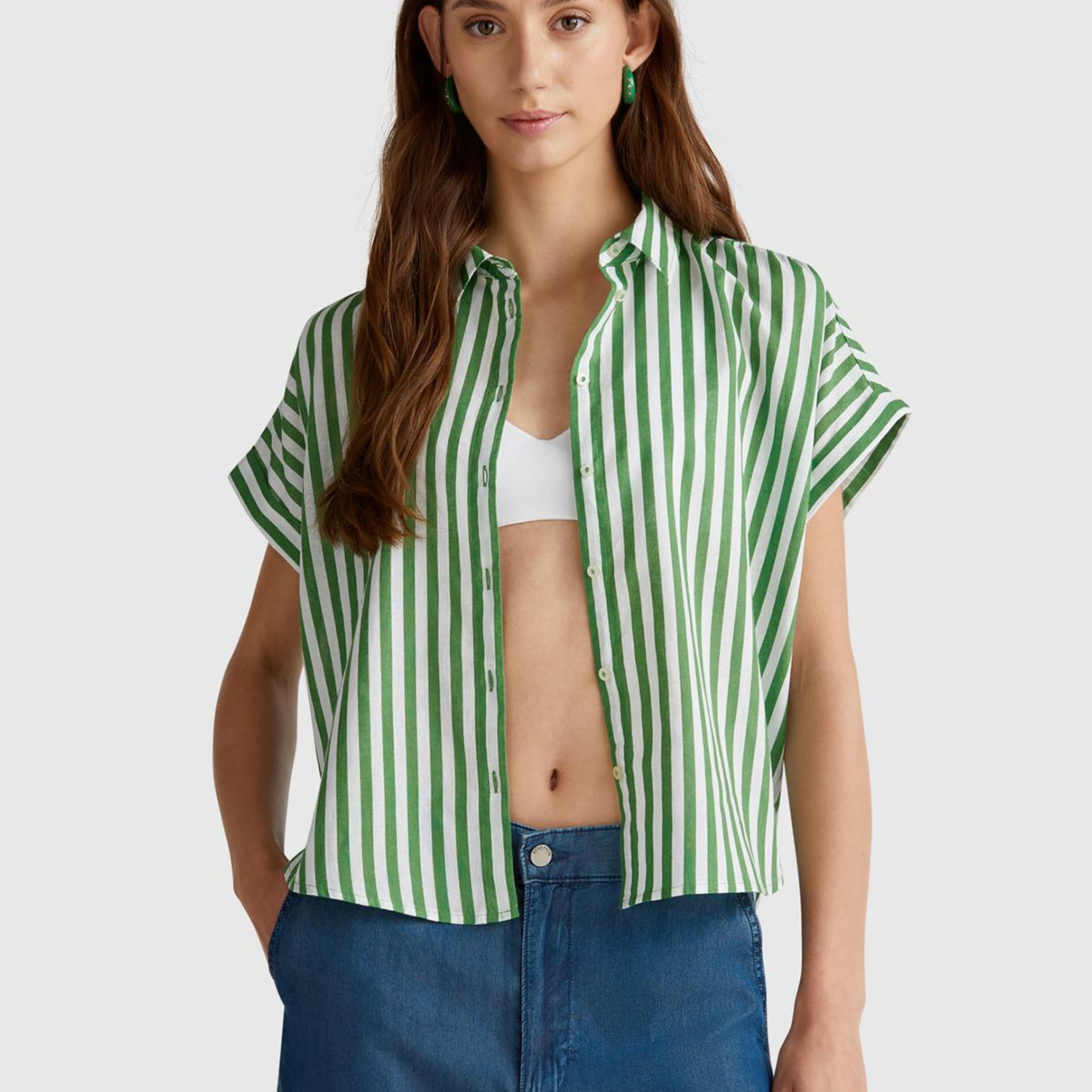 Kadın Yeşil Keten Karışımlı Çizgili Kimono Kol Gömlek