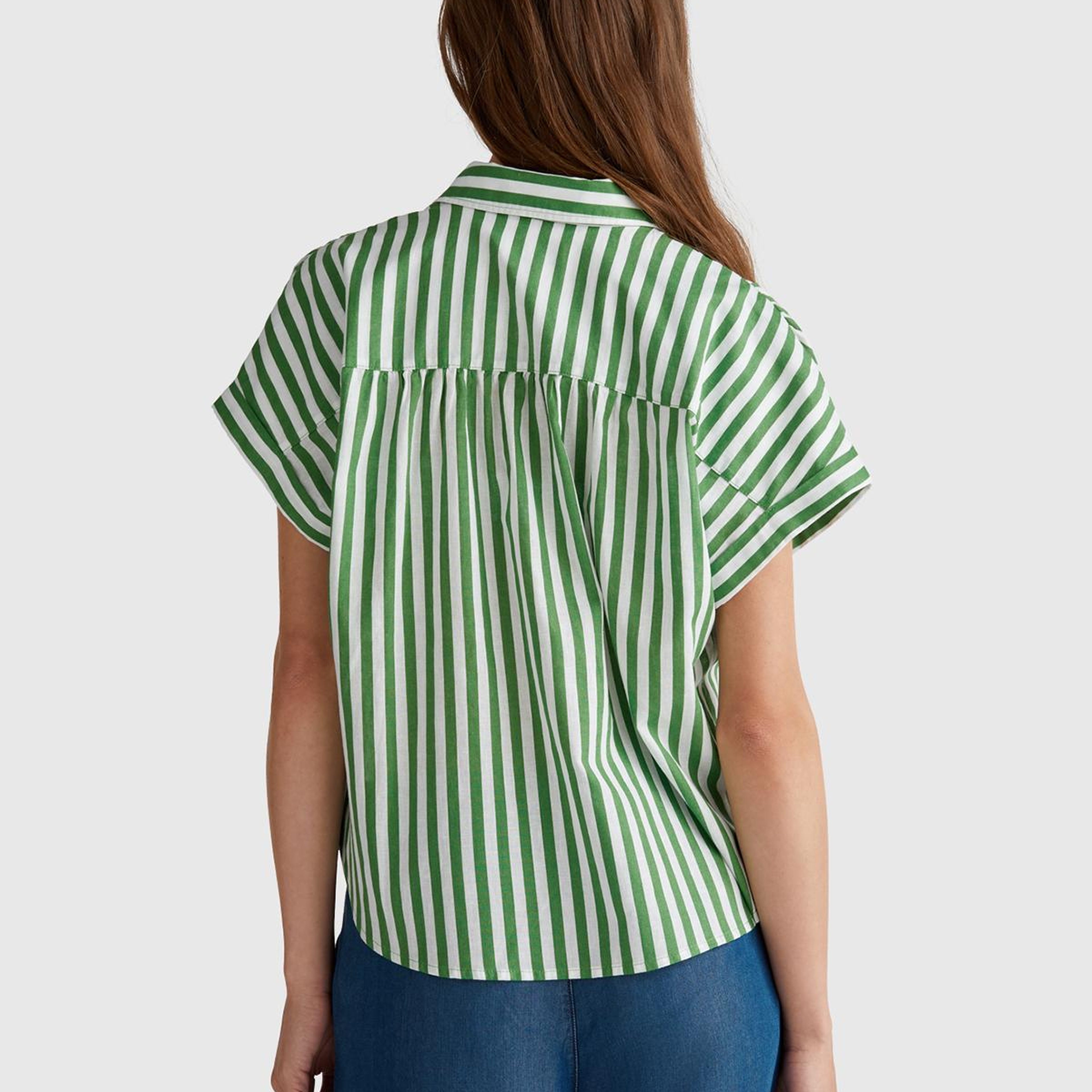 Kadın Yeşil Keten Karışımlı Çizgili Kimono Kol Gömlek